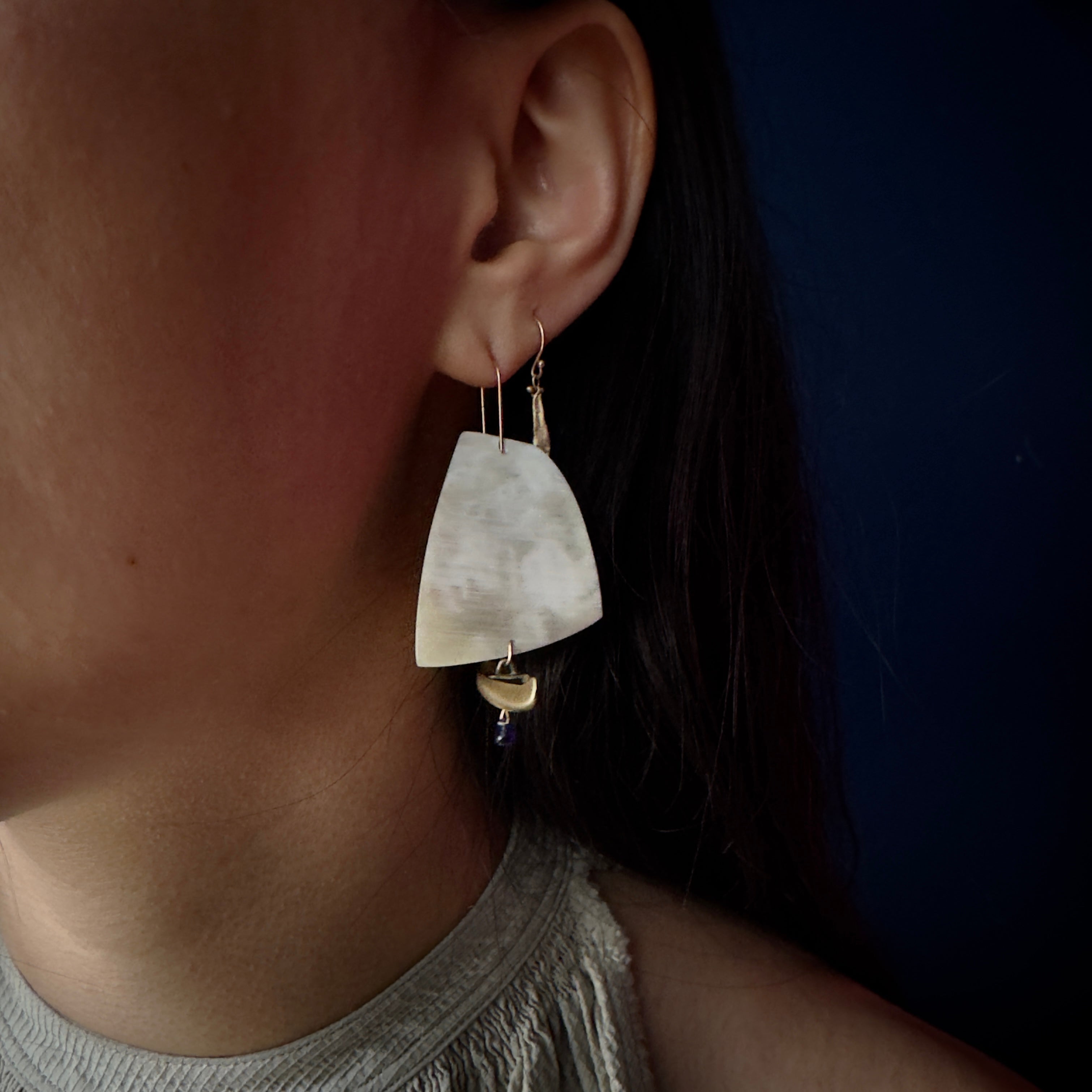 Gabriella Kiss 14k Green Gold Sailboats w/ Carved White Horn & Sapphire Drops Earrings