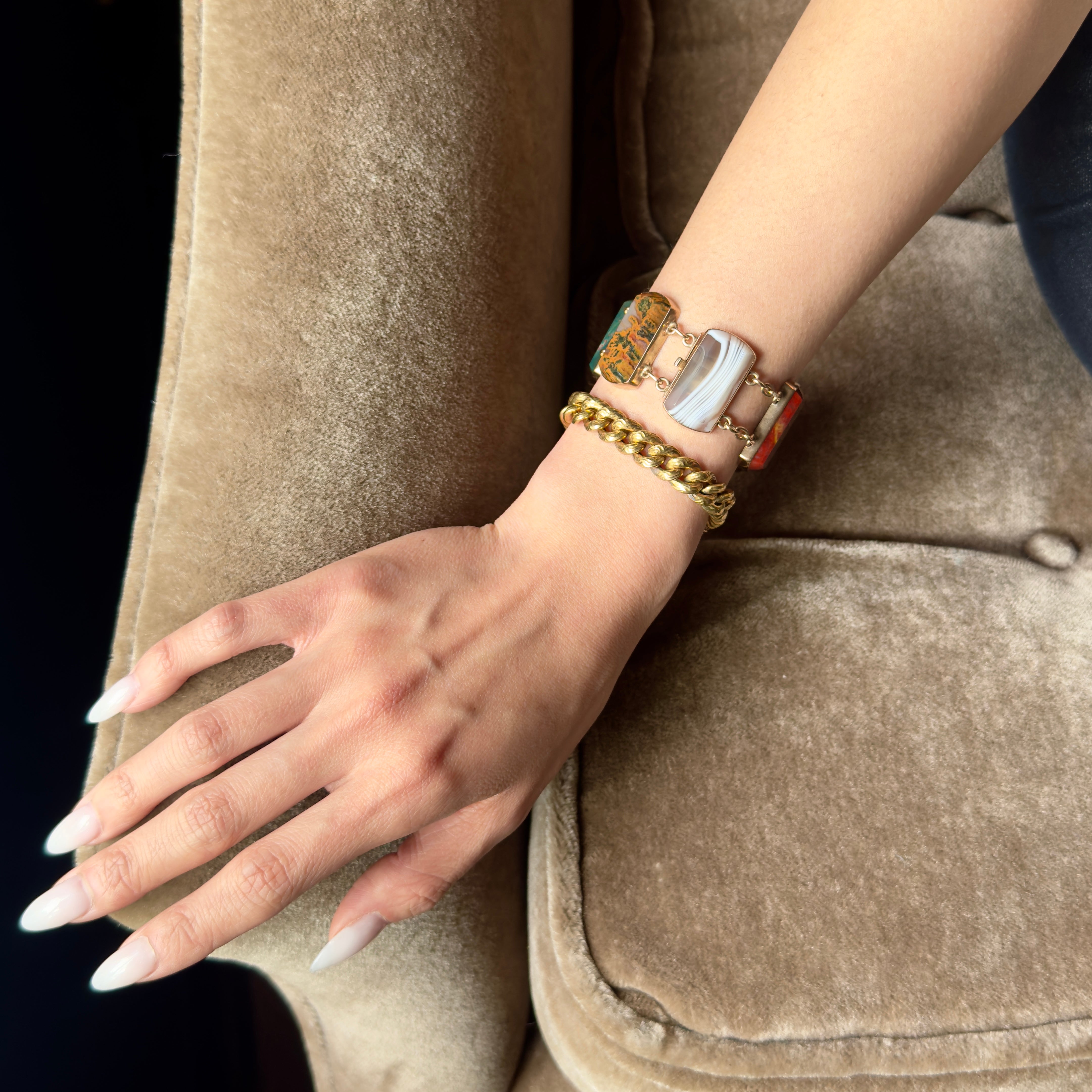 Antique Scottish 12k Gold Agate Panel Bracelet