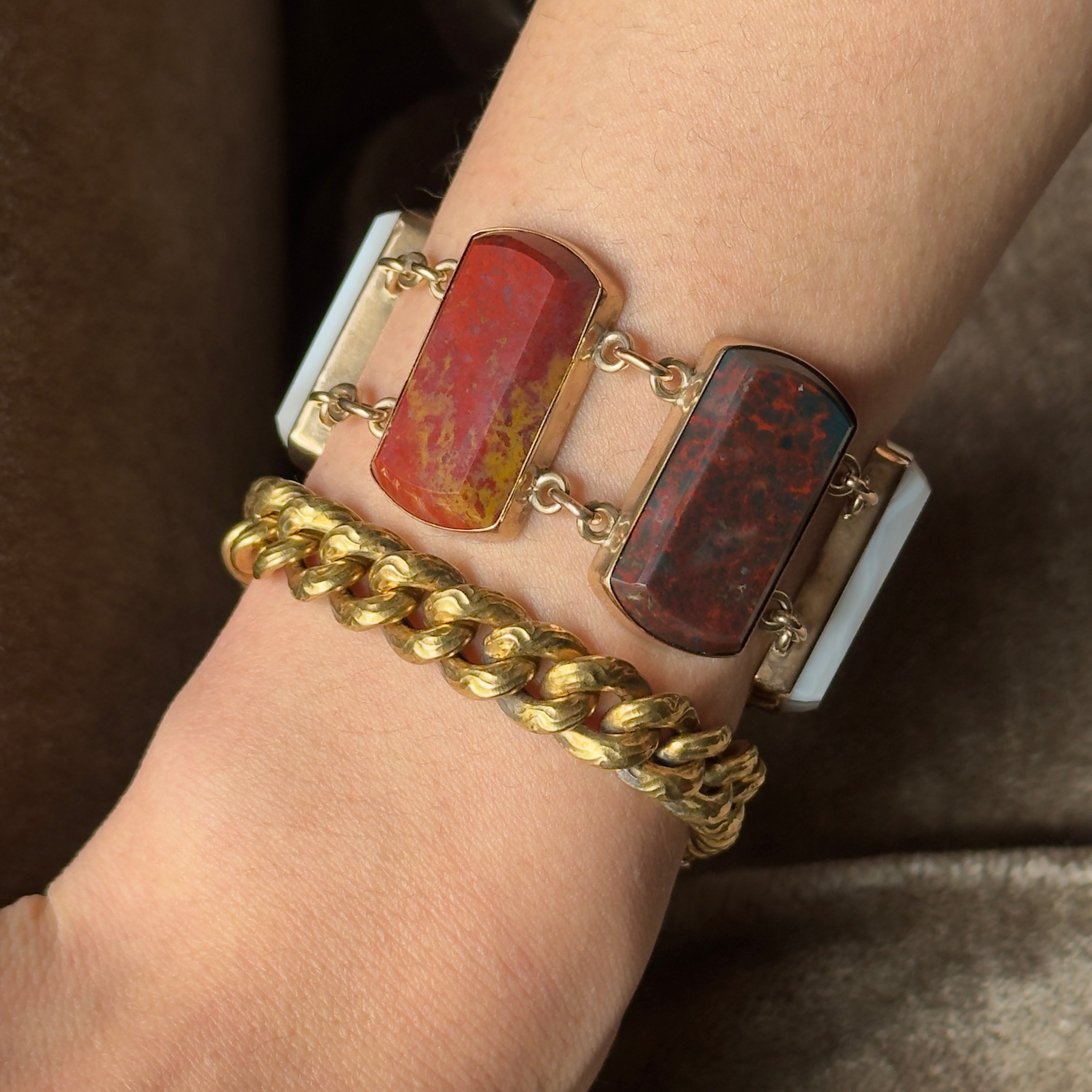 Antique Scottish 12k Gold Agate Panel Bracelet