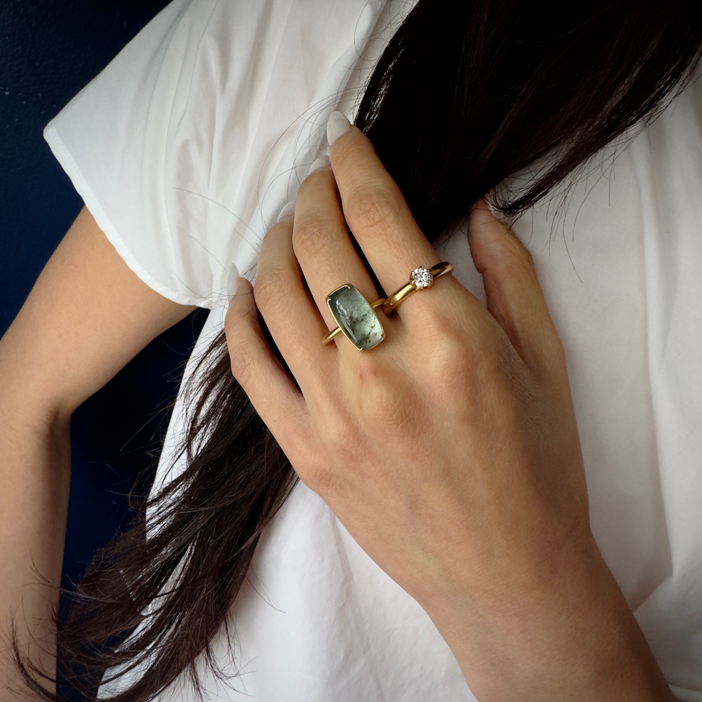 Gabriella Kiss 18k Elongated Cushion Cut Moss Aqua Ring