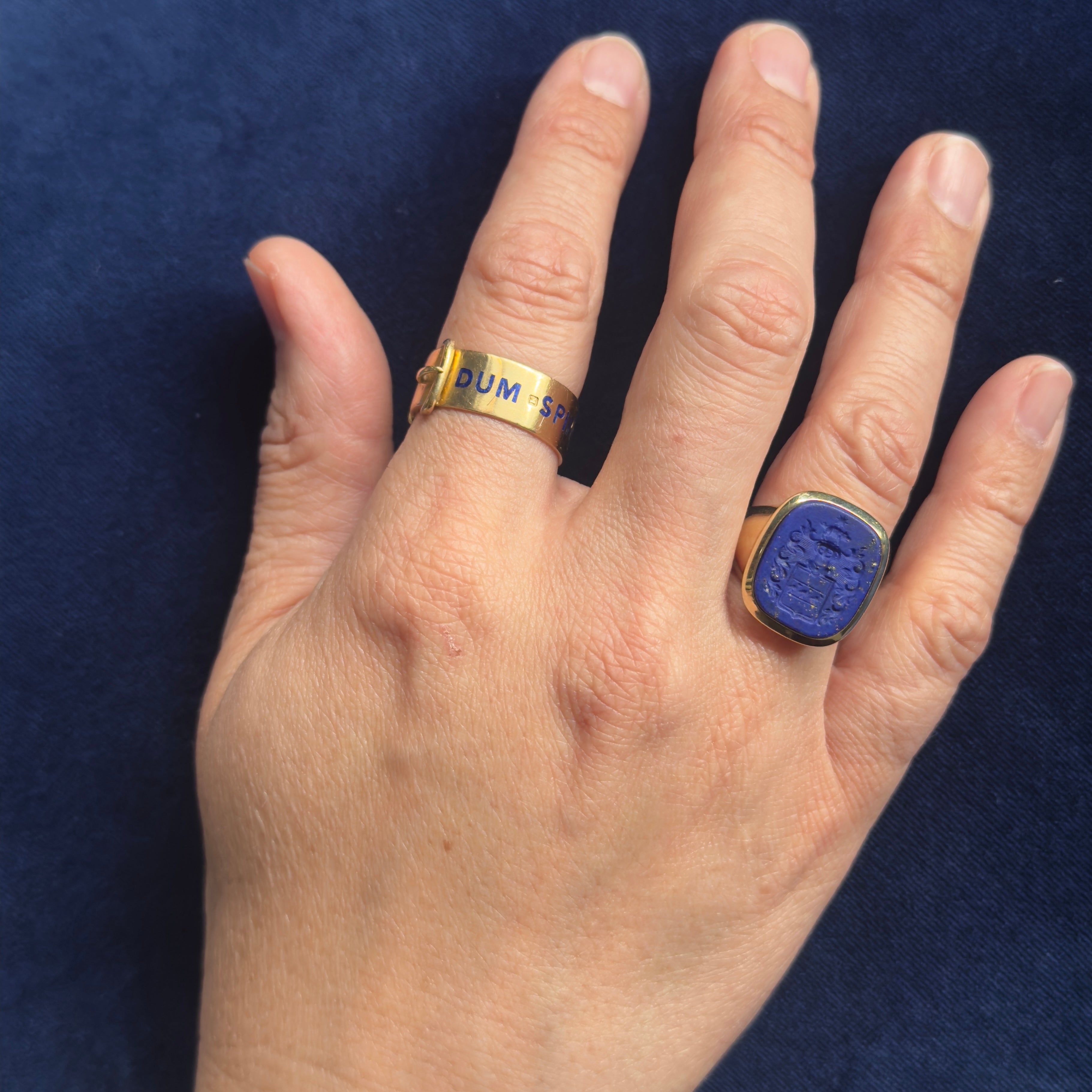 Antique Victorian 18k and Enamel Buckle Ring "Dum Spiro Spero" or "While I Breathe, I Hope."