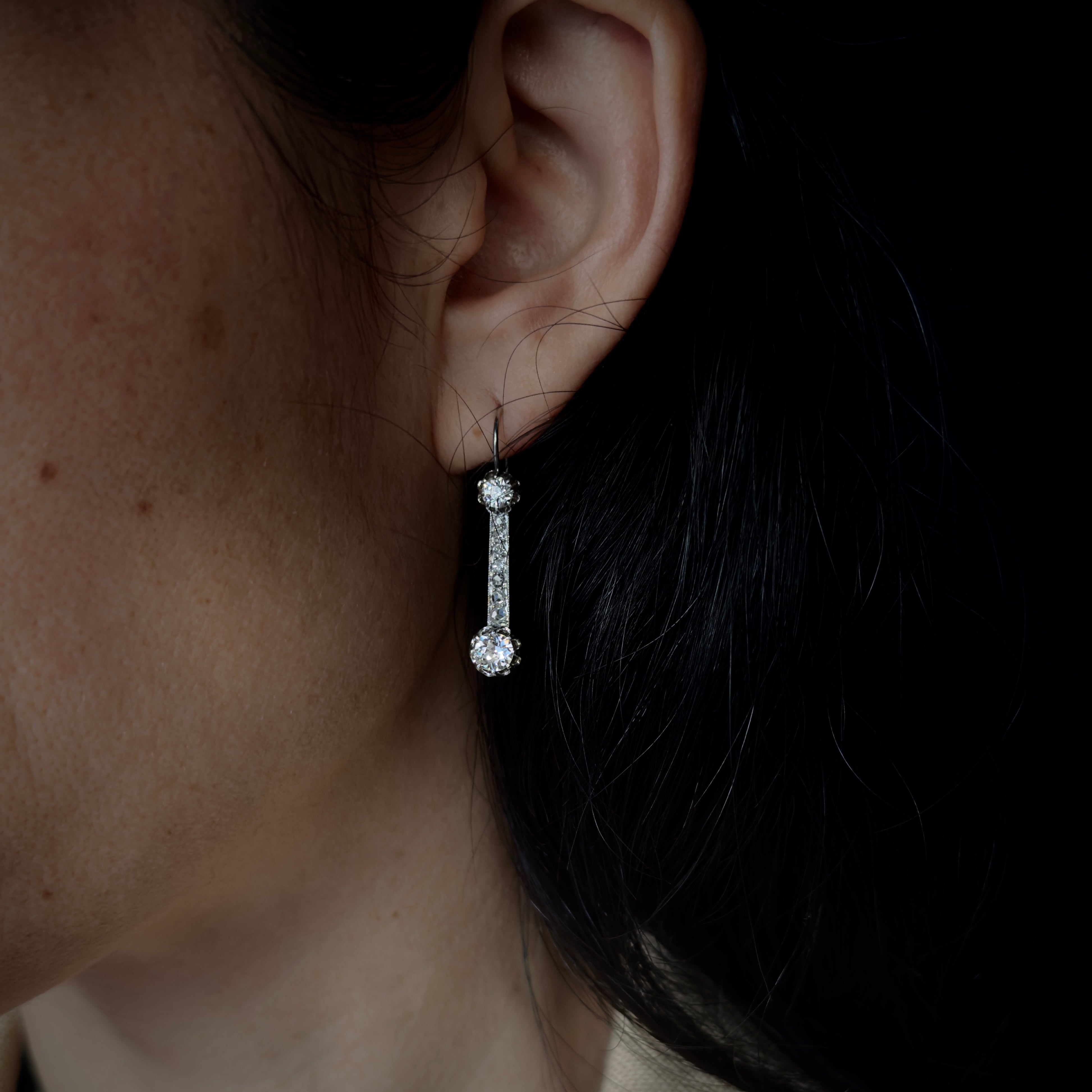 Antique Belle Epoque 18k White Gold Diamond Drop Earrings