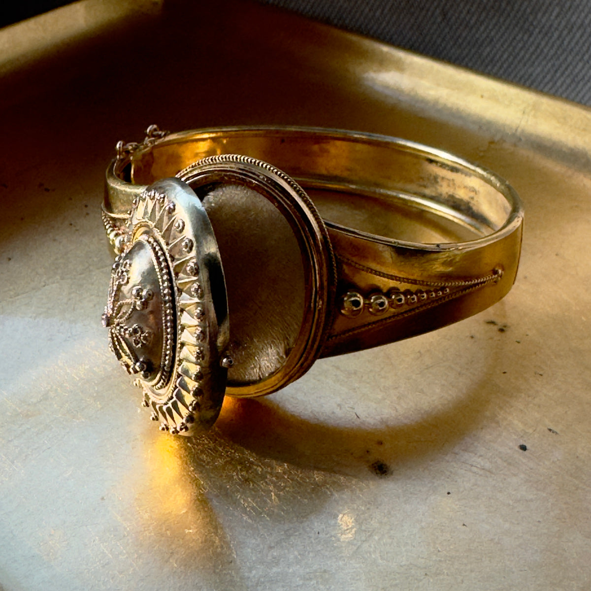 Antique Victorian Etruscan Revival 15k Double Locket Bangle Bracelet