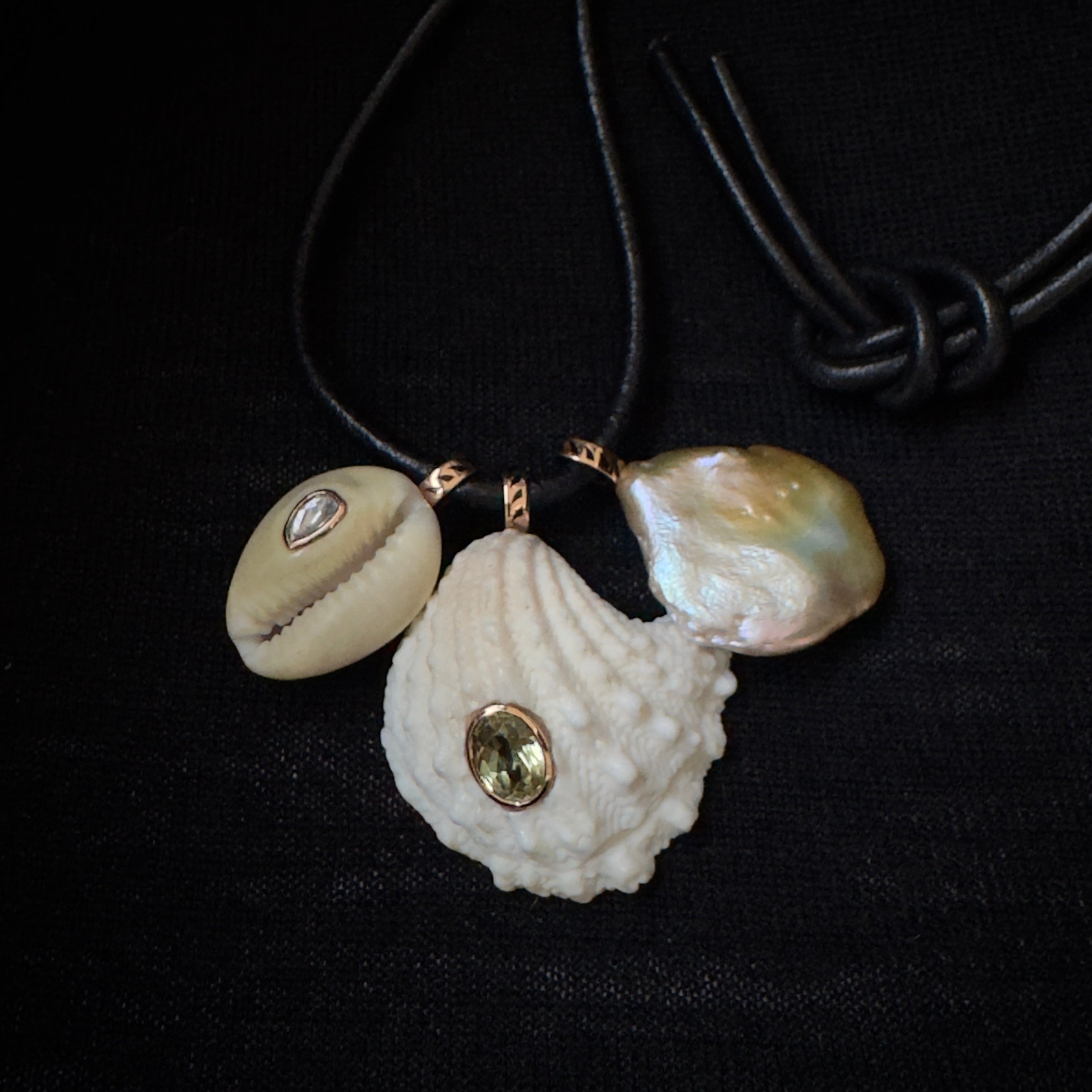 Dezso 18k Grande Flat Pearl Pendant w/ Shark Fin Enameling