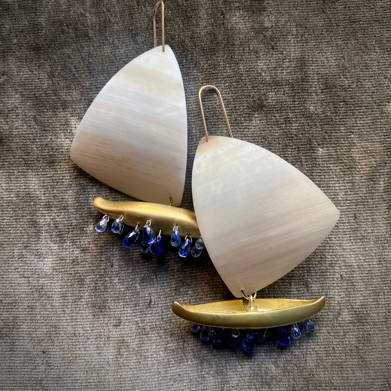 Gabriella Kiss 18k & White Horn Sailboat Earrings with Sapphire Drops