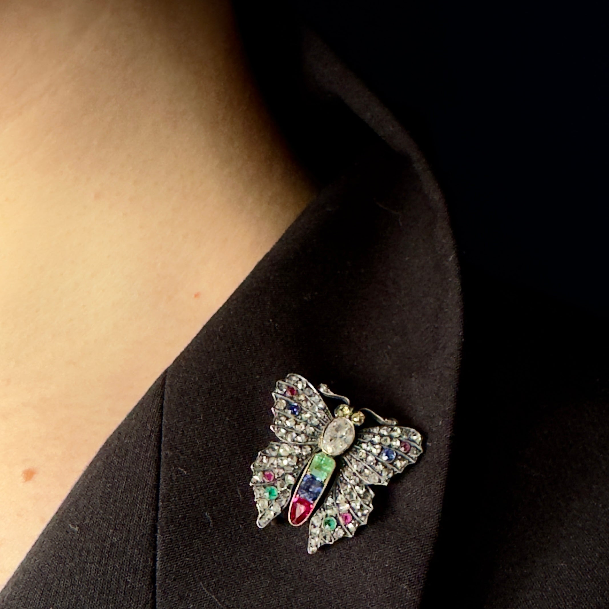 Antique Georgian 14k/Silver-Set Diamond & Gemstone Butterfly Brooch