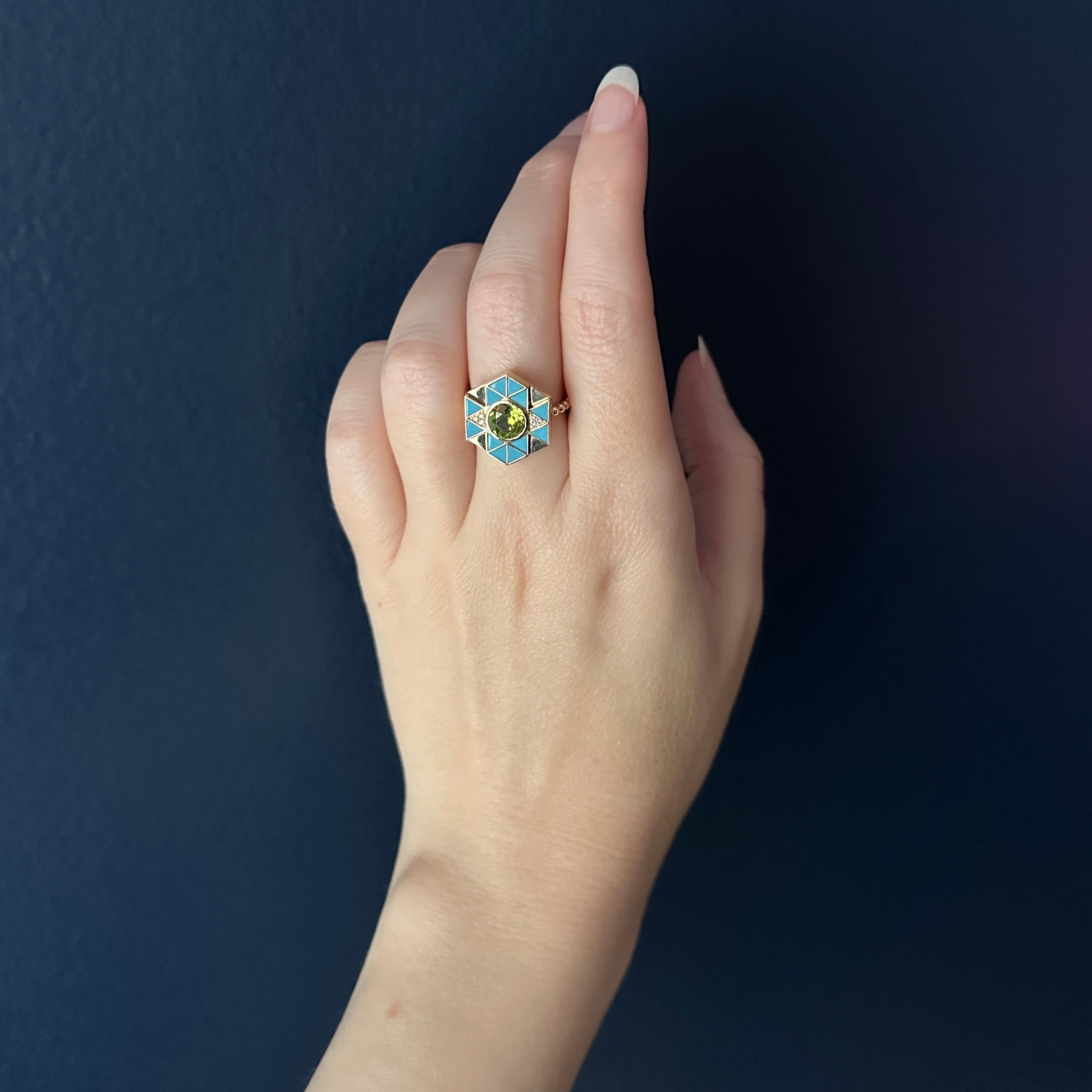 Harwell Godfrey 18k Inlay Turquoise / Peridot Evil Eye Ring