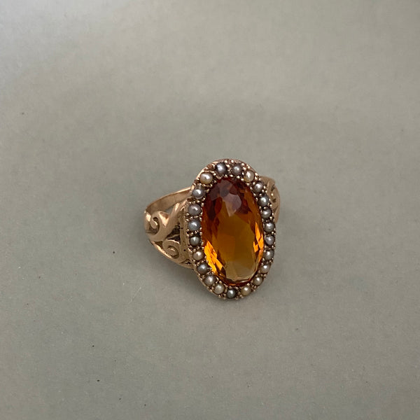 Antique Victorian 12k Oval Buff Cut Citrine w/ Nat Seed Pearls Ring