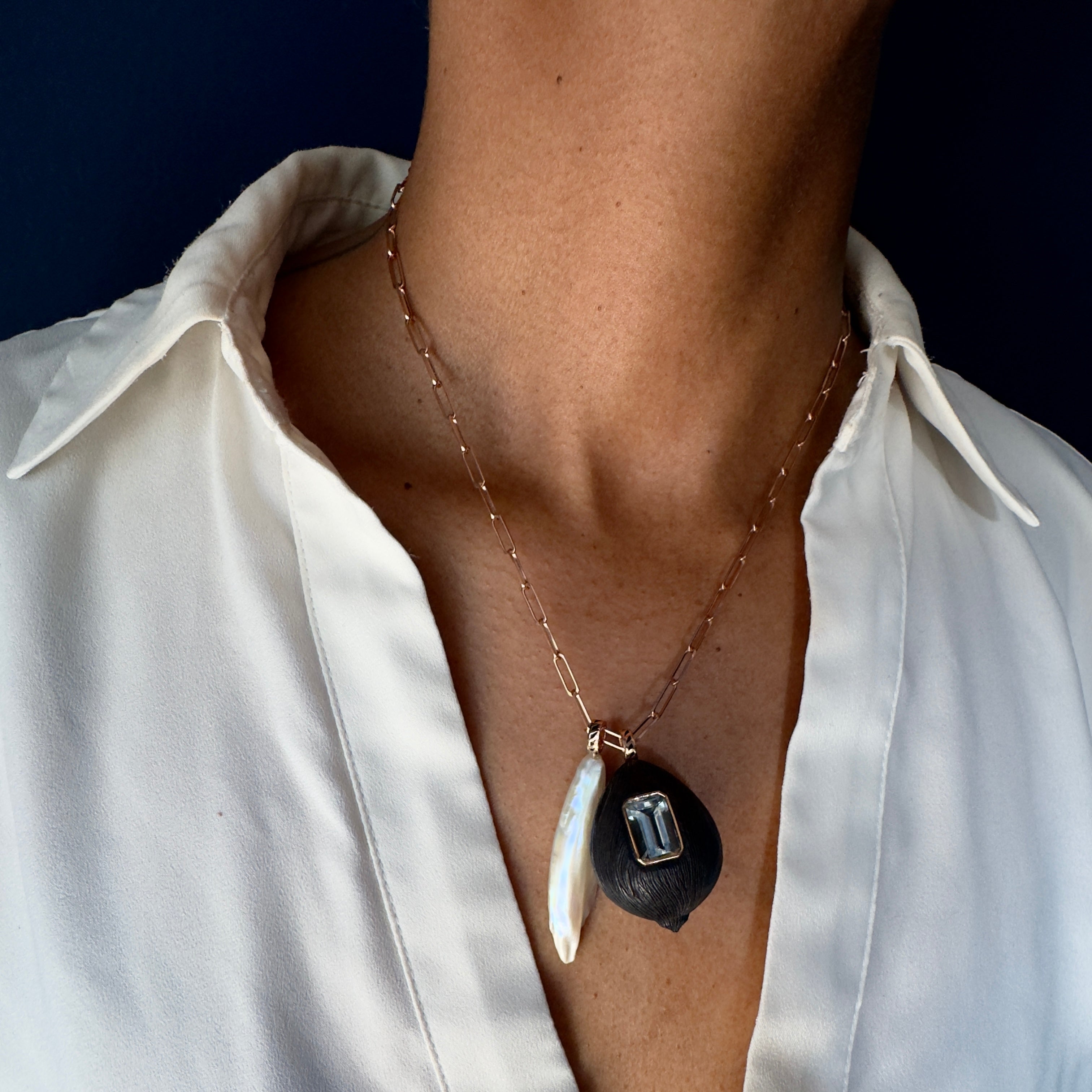 Dezso 18k Grande Pearl Pendant w/ Shark Fin Enameling