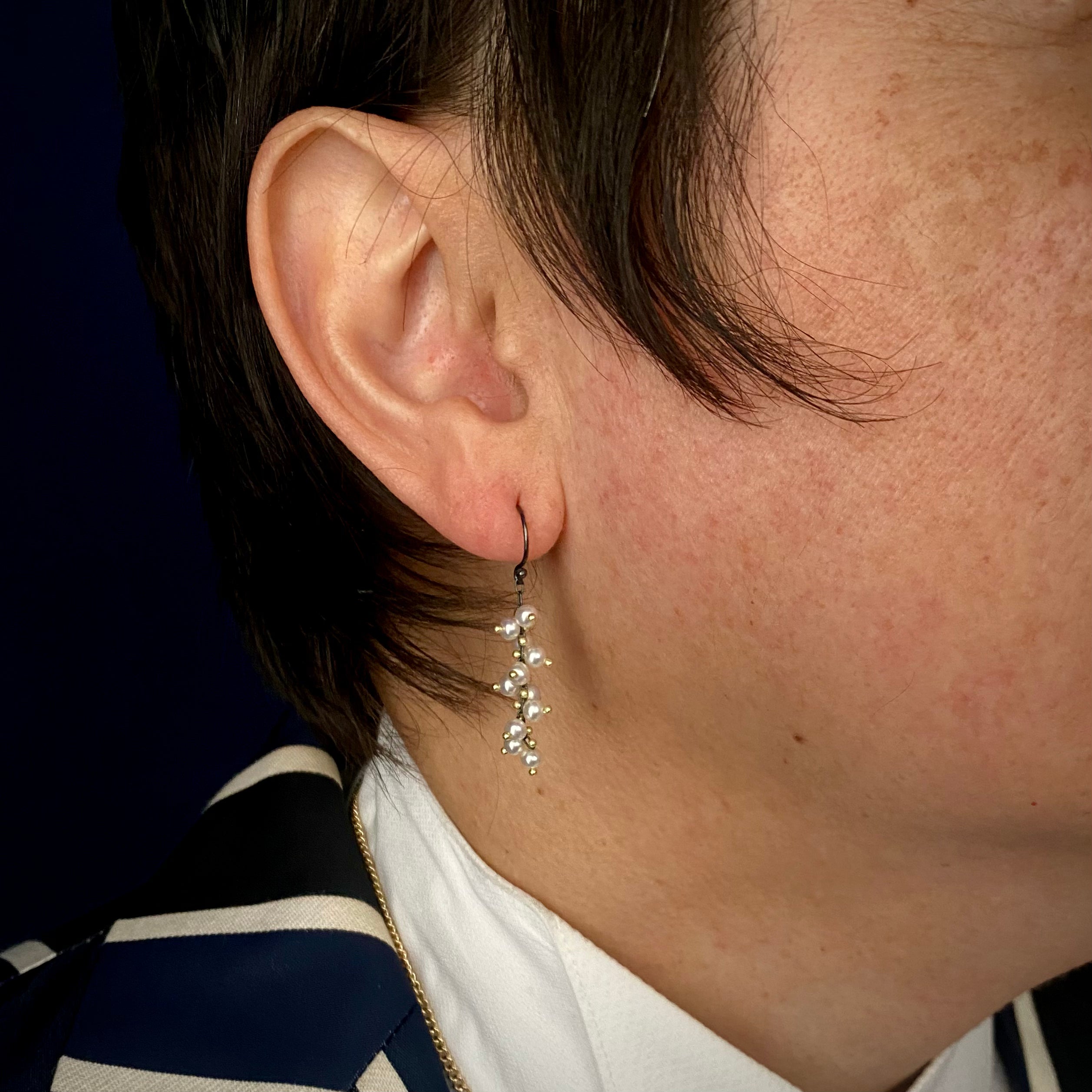 TenThousandThings 18k Beaded Short Spiral White Pearls on Oxidized Silver Earrings