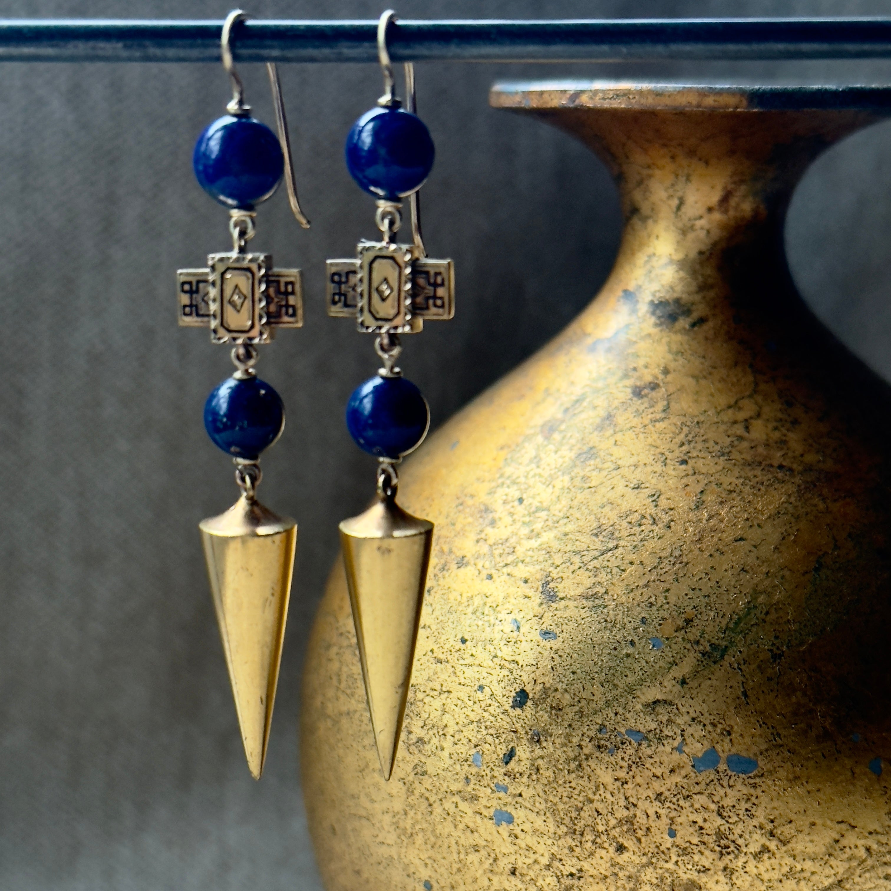 Antique Victorian 14k Gold Lapis Enamel Long Earrings