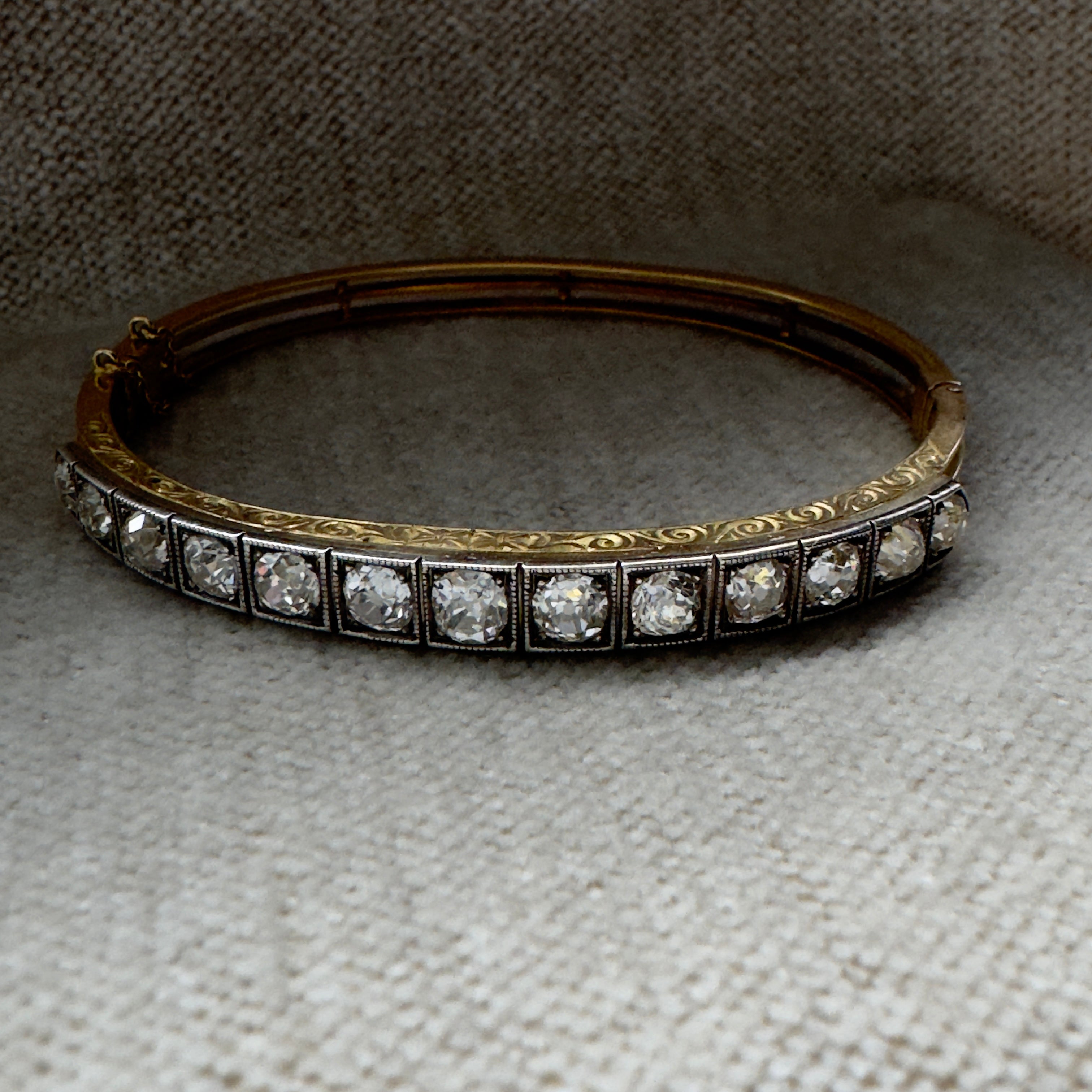 Antique Victorian 15k/Silver Diamond Bangle Bracelet - 4.37 ctw