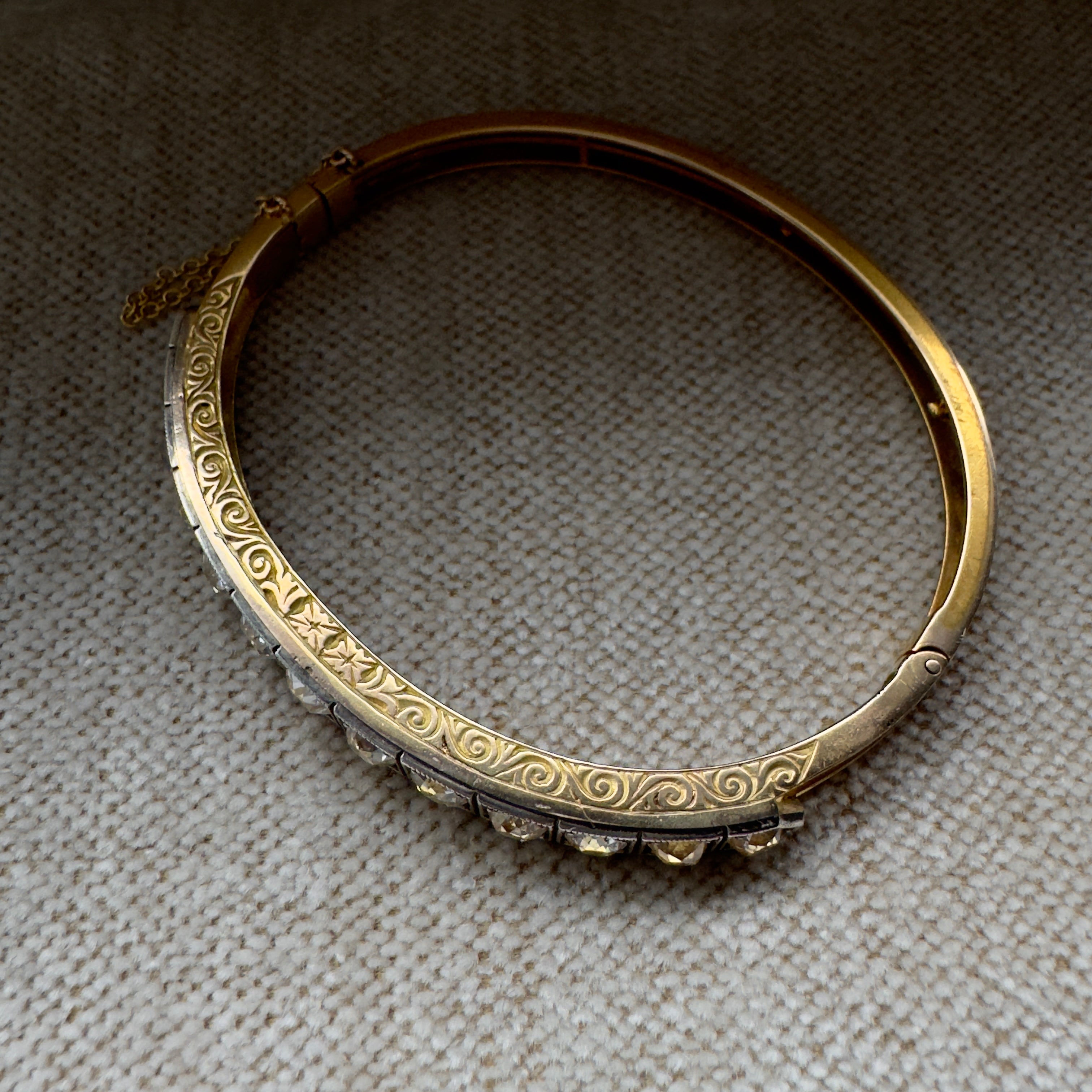 Antique Victorian 15k/Silver Diamond Bangle Bracelet - 4.37 ctw