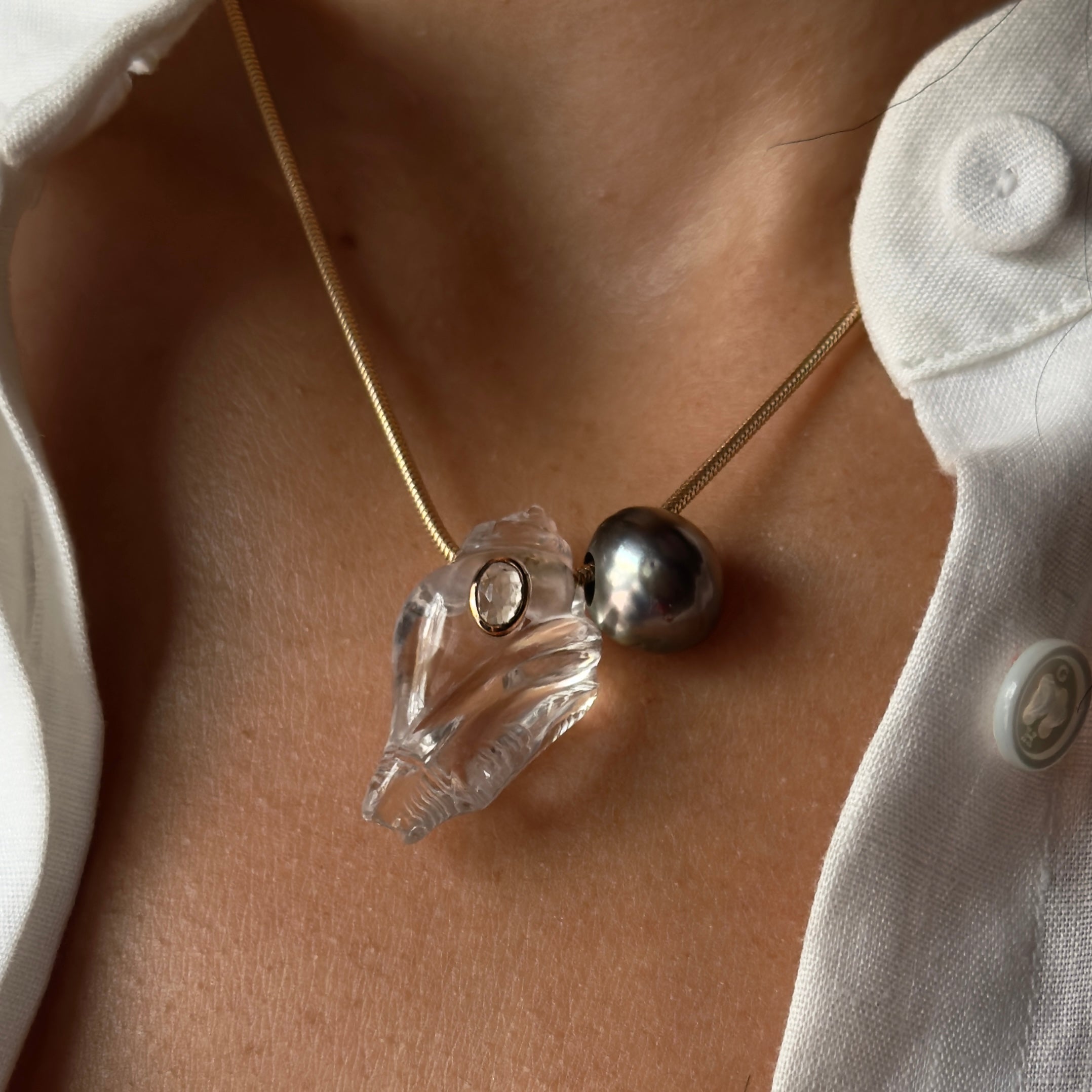 Dezso Crystal Strombus Shell Pendant with 18k Bezel Set Sillimanite