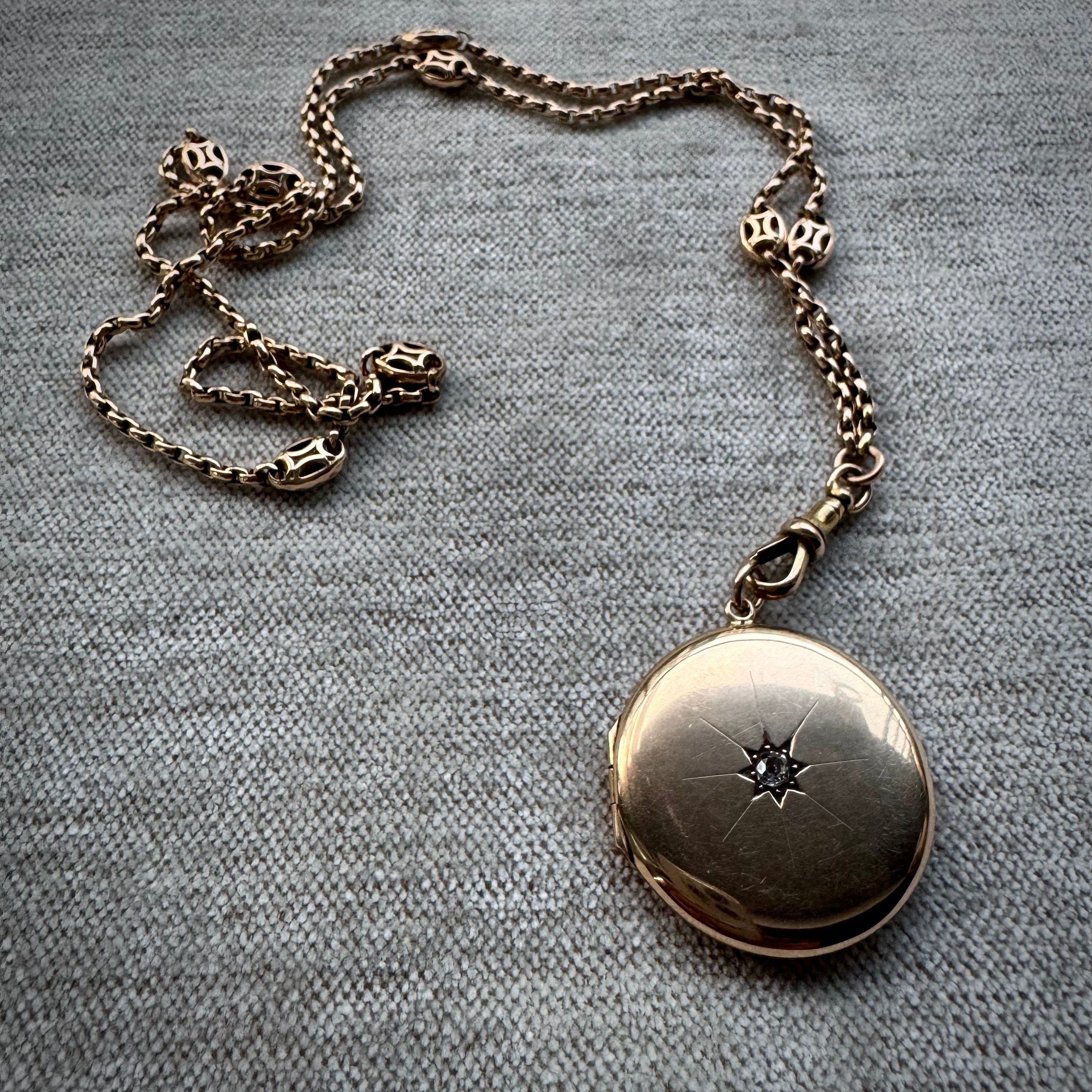 Antique Victorian 15k Star Set Diamond Round Locket Pendant- .20ct