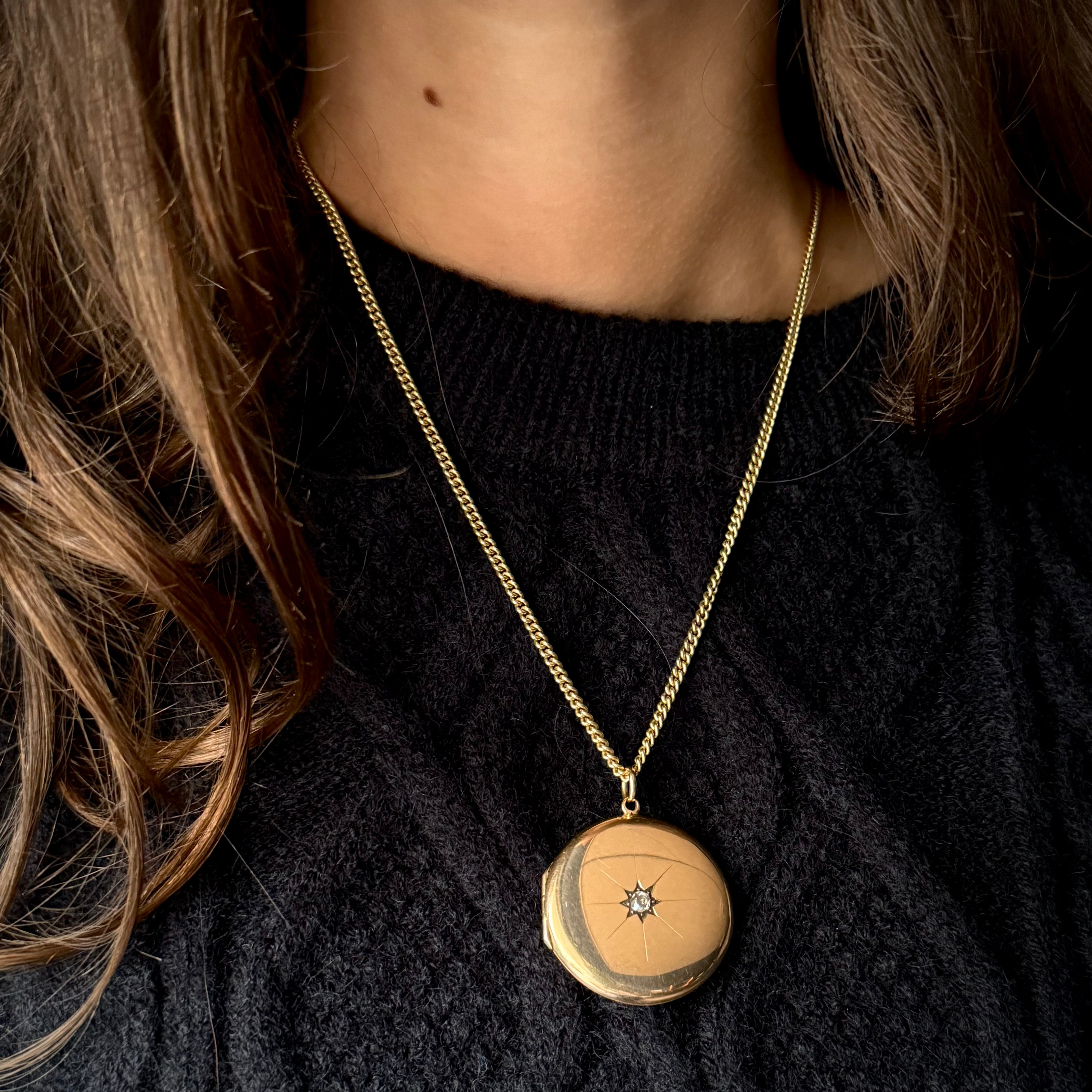 Antique Victorian 15k Star Set Diamond Round Locket Pendant- .20ct