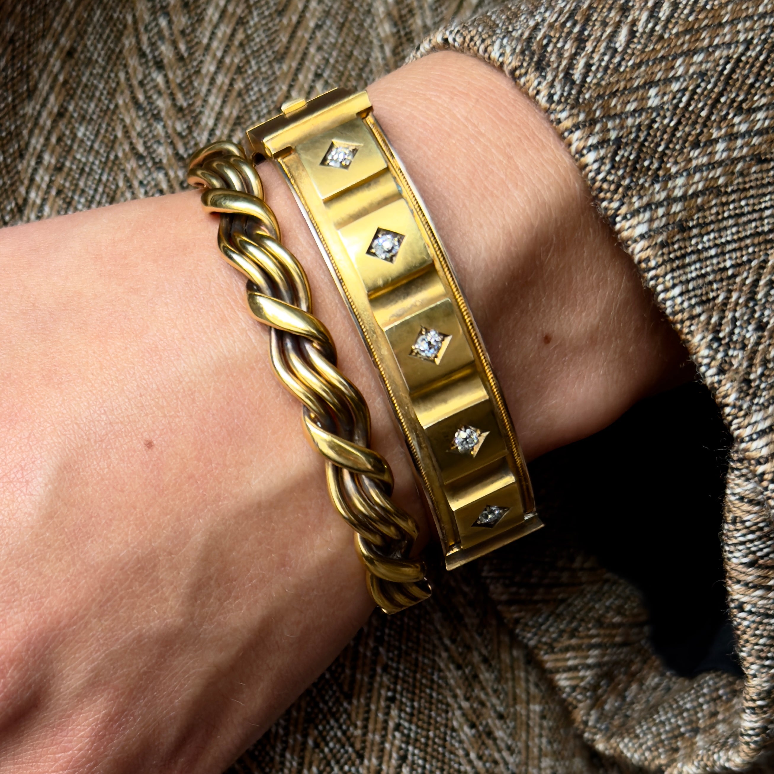 Antique Victorian 15k Diamond Panel Bangle