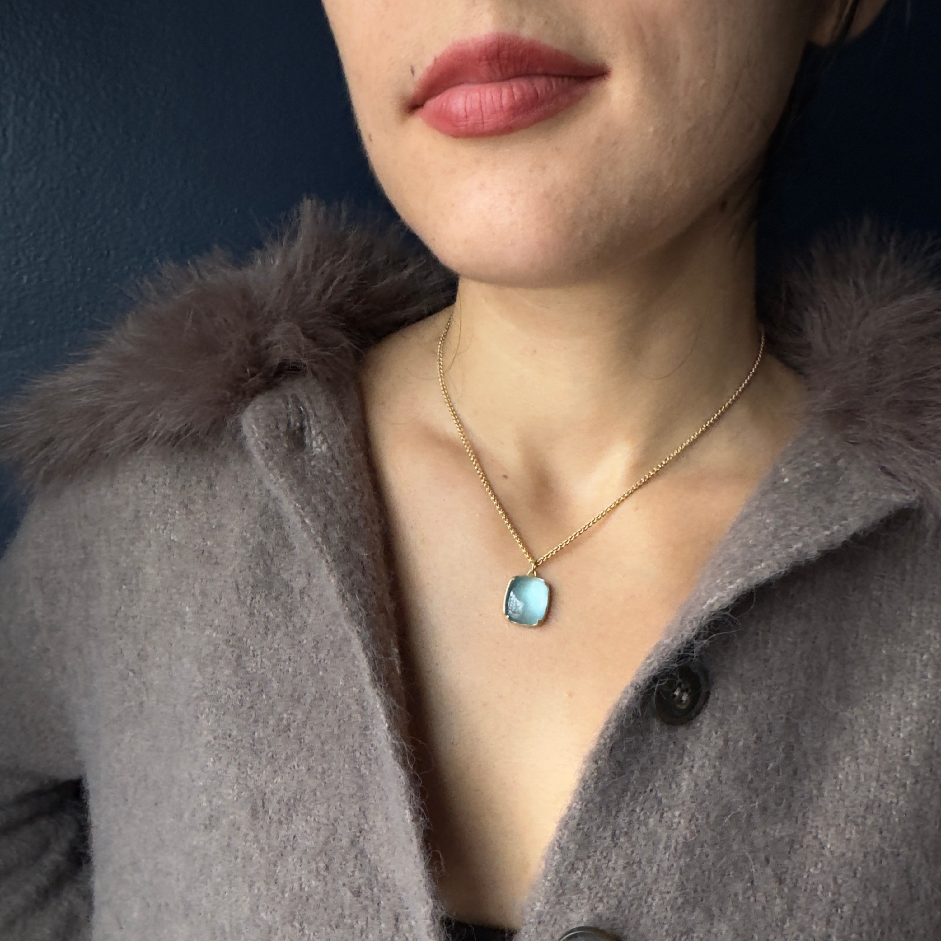 Gabriella Kiss 18k Cushion Aquamarine Pendant Necklace- 16”