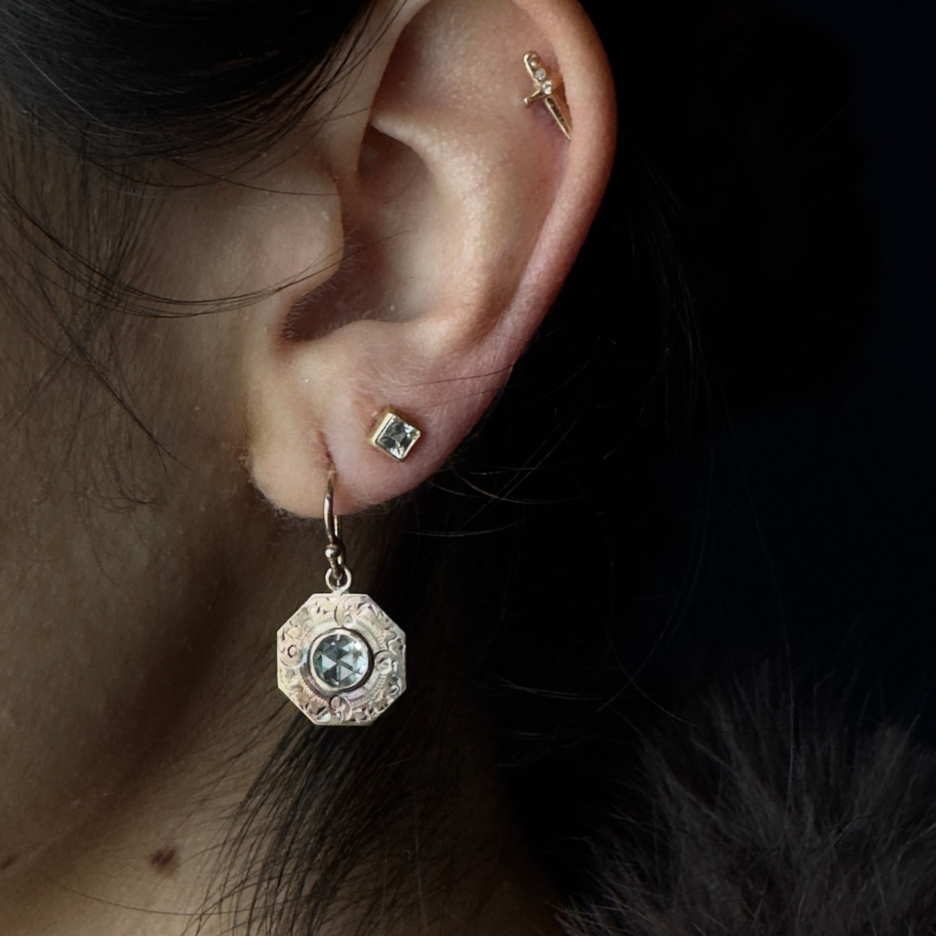 Antique Victorian 14k RG Engraved Octagons w/ Rose Cut Diamonds Earrings