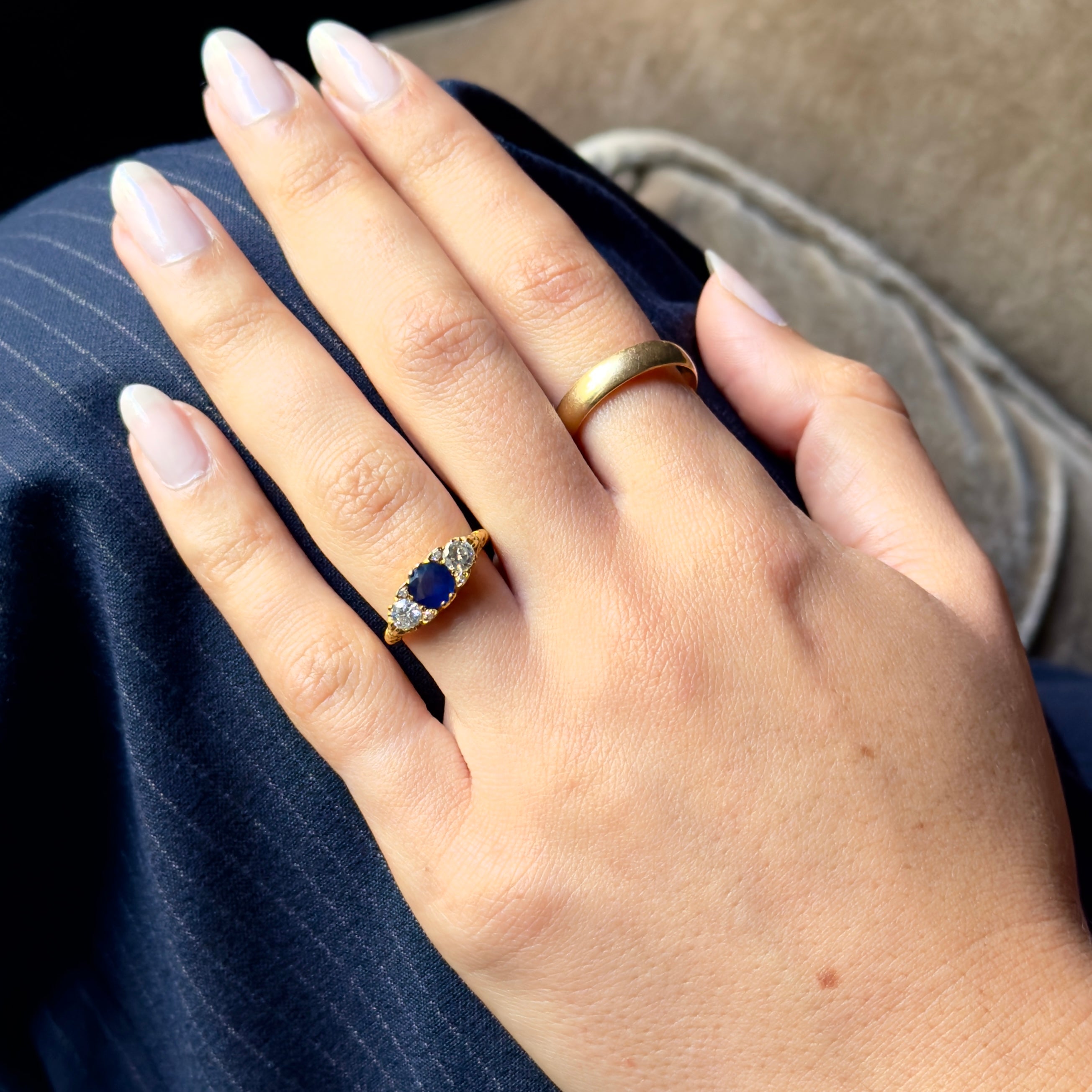 Antique Art Deco 18k Sapphire & Diamond Three Stone Ring- 1.35ctw