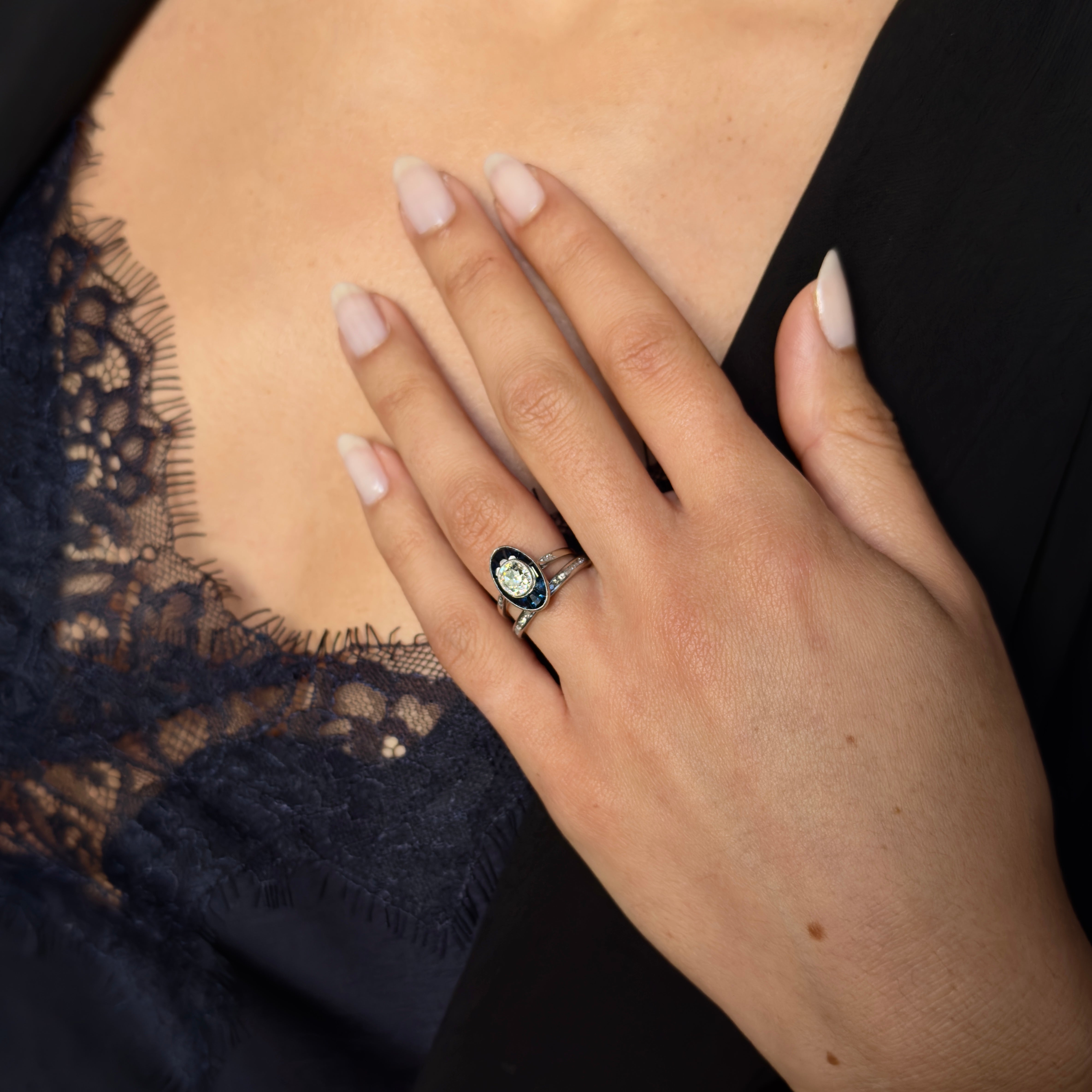 Antique French Platinum Diamond & Sapphire Marquis Ring