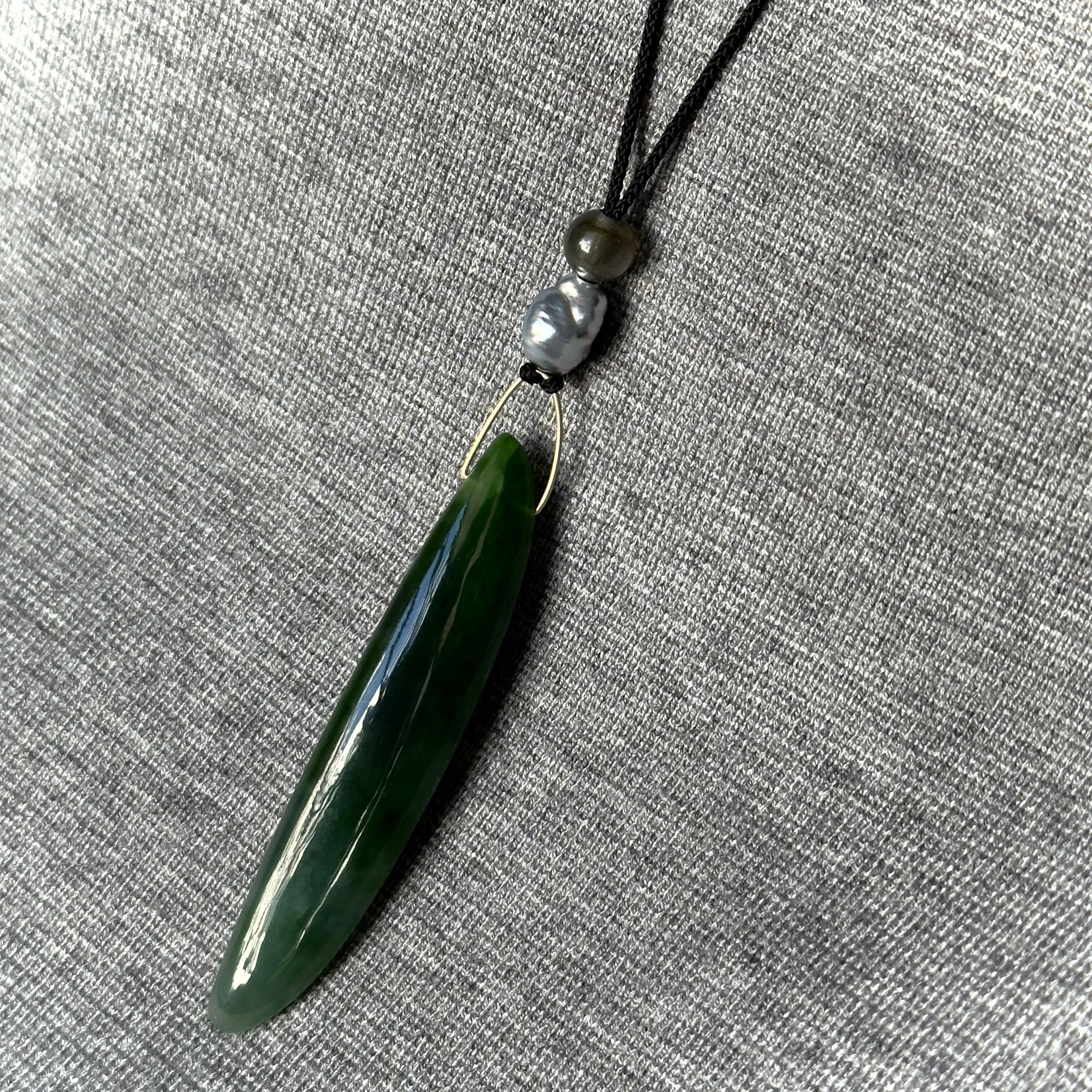 Gabriella Kiss 14k Nephrite Jade Bean Pendant on Silk Cord Necklace