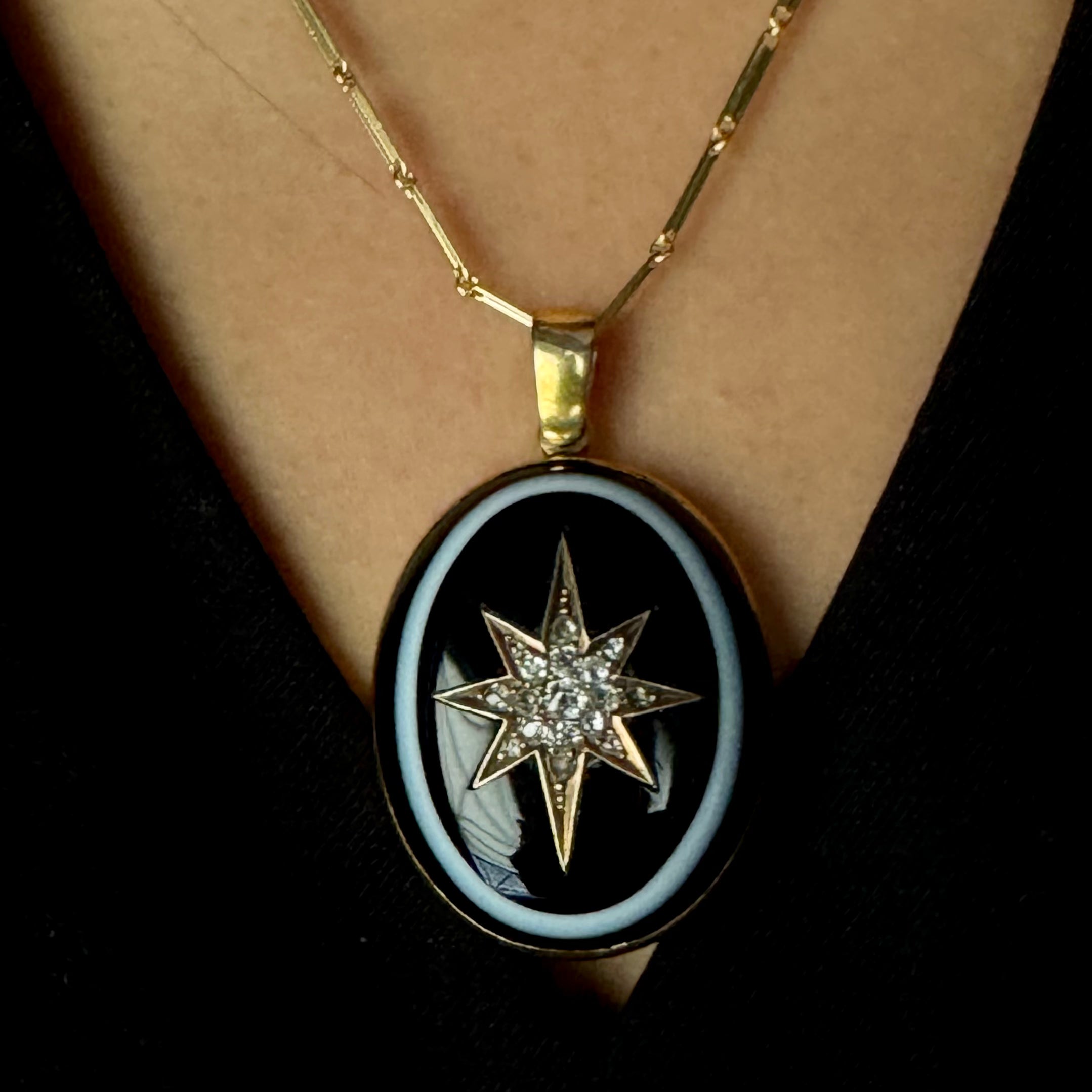 Antique Victorian 15k/18k Banded Agate w/ Diamond Star Motif Locket Pendant
