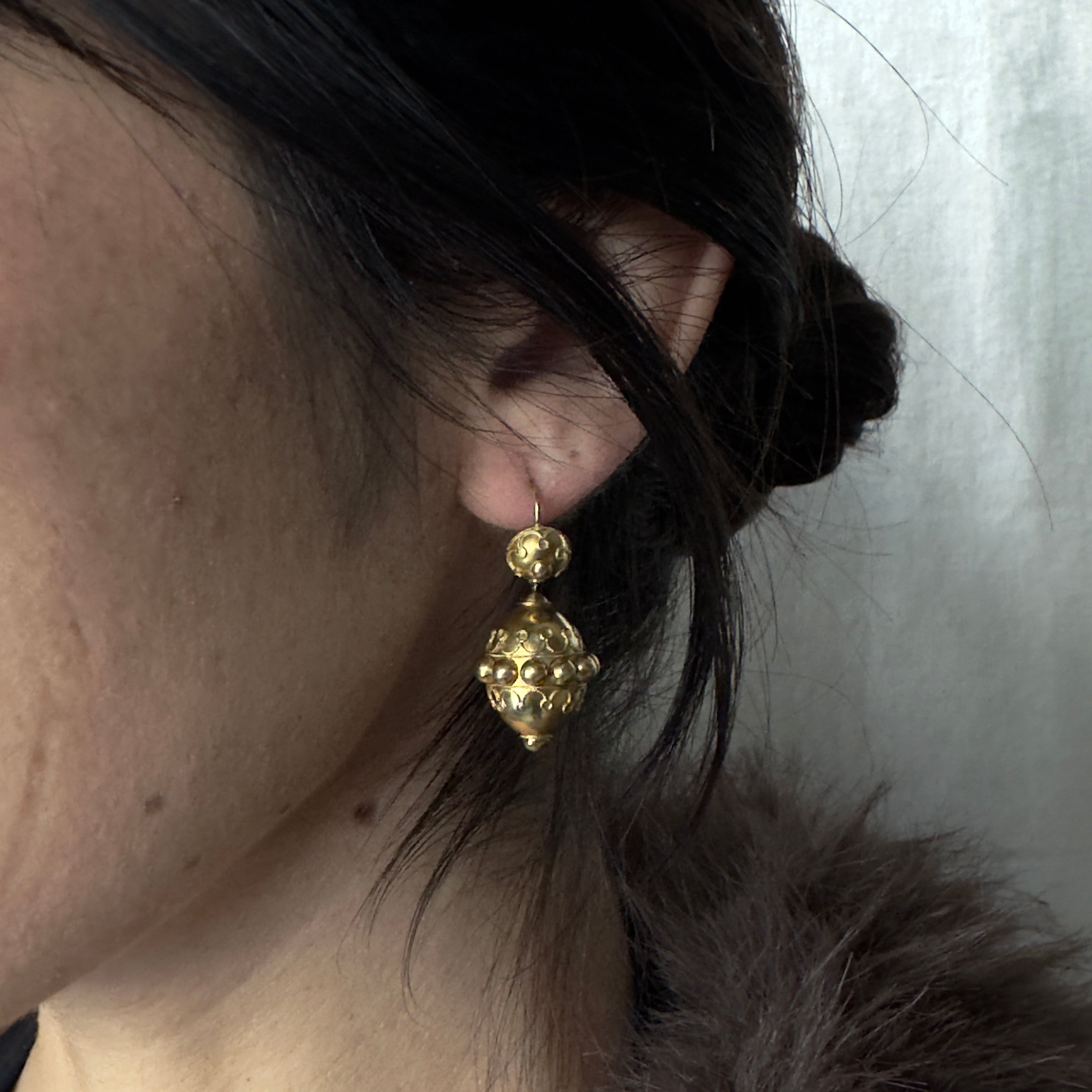 Antique Victorian 18k Etruscan Revival Double Drop Earrings