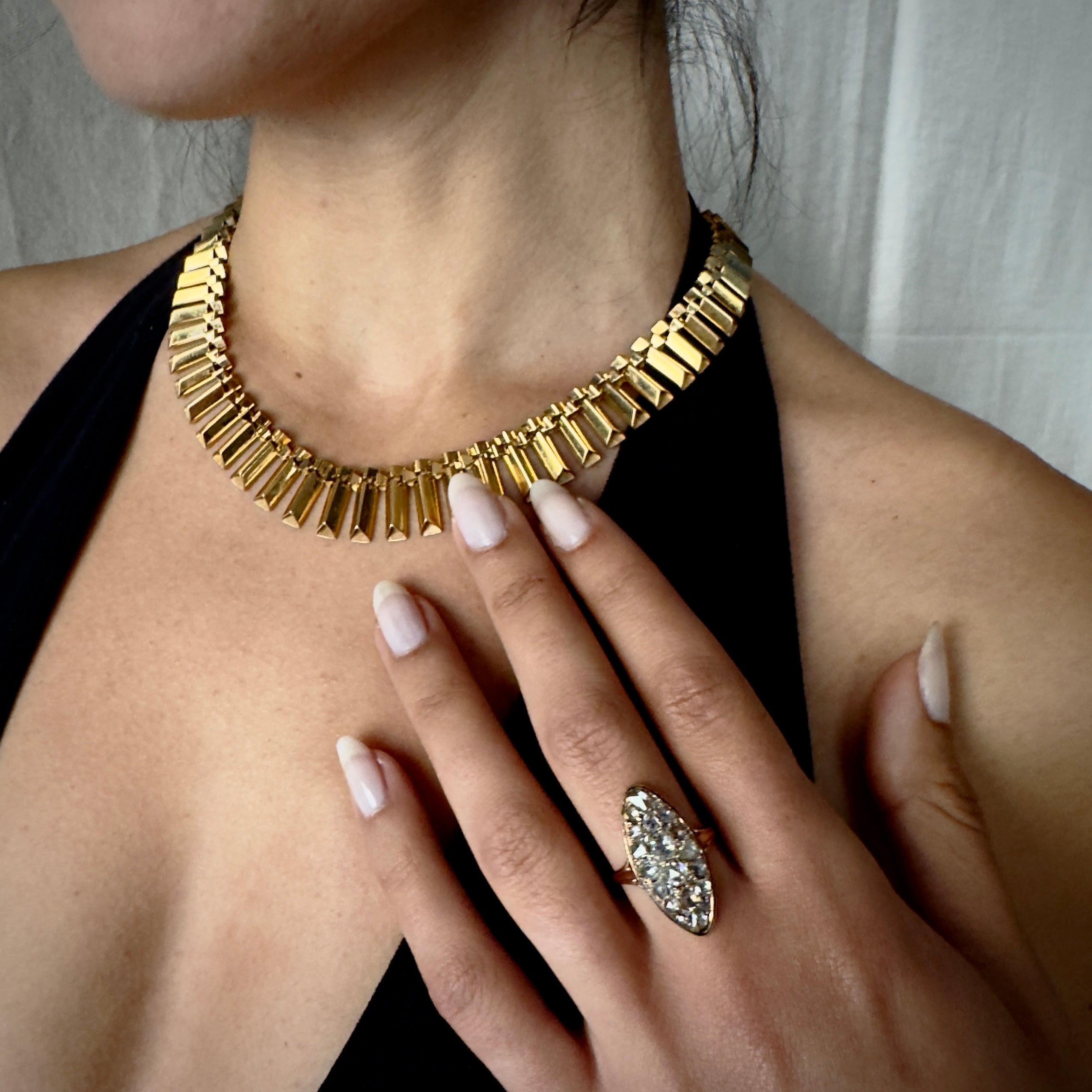 Antique French Romantic 18k Rose Cut Diamond Navette Ring