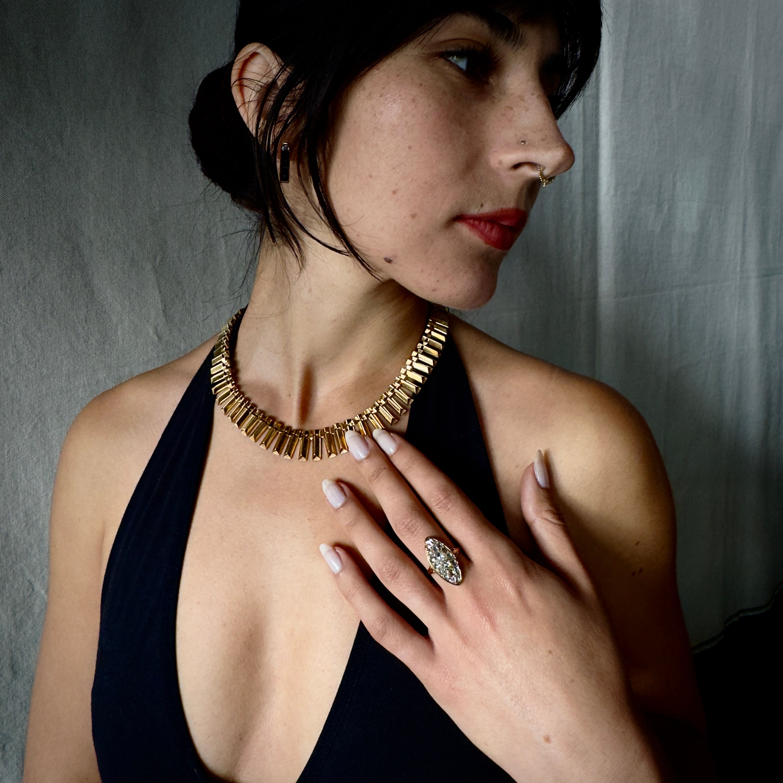 Antique French Romantic 18k Rose Cut Diamond Navette Ring