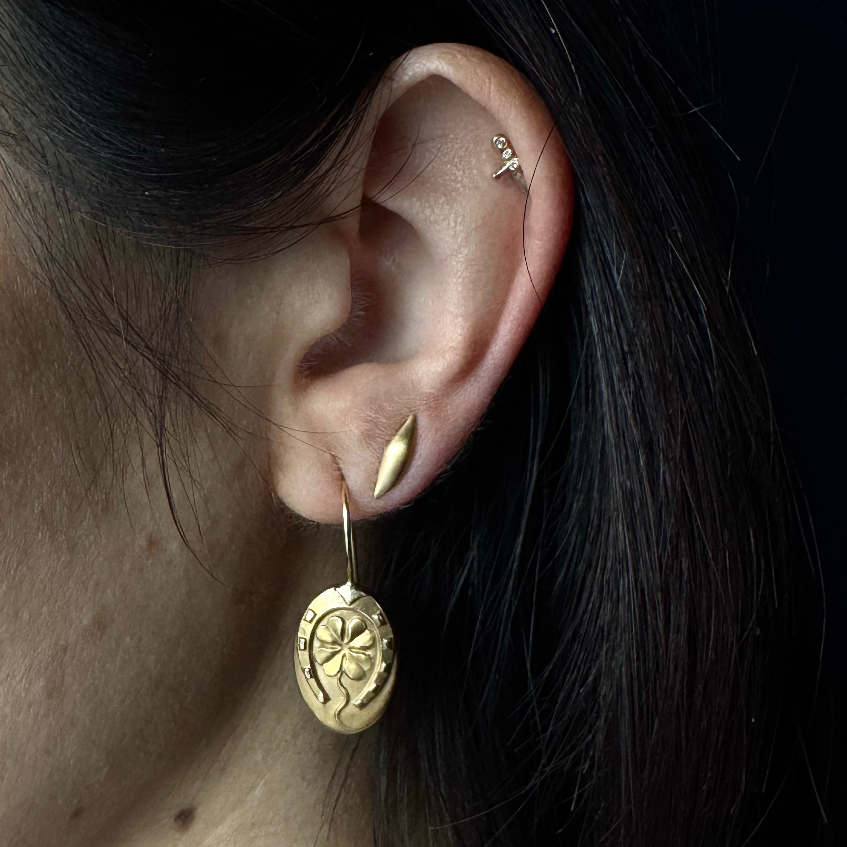 Antique Victorian 14k Horseshoe & Four Leaf Clover Earrings