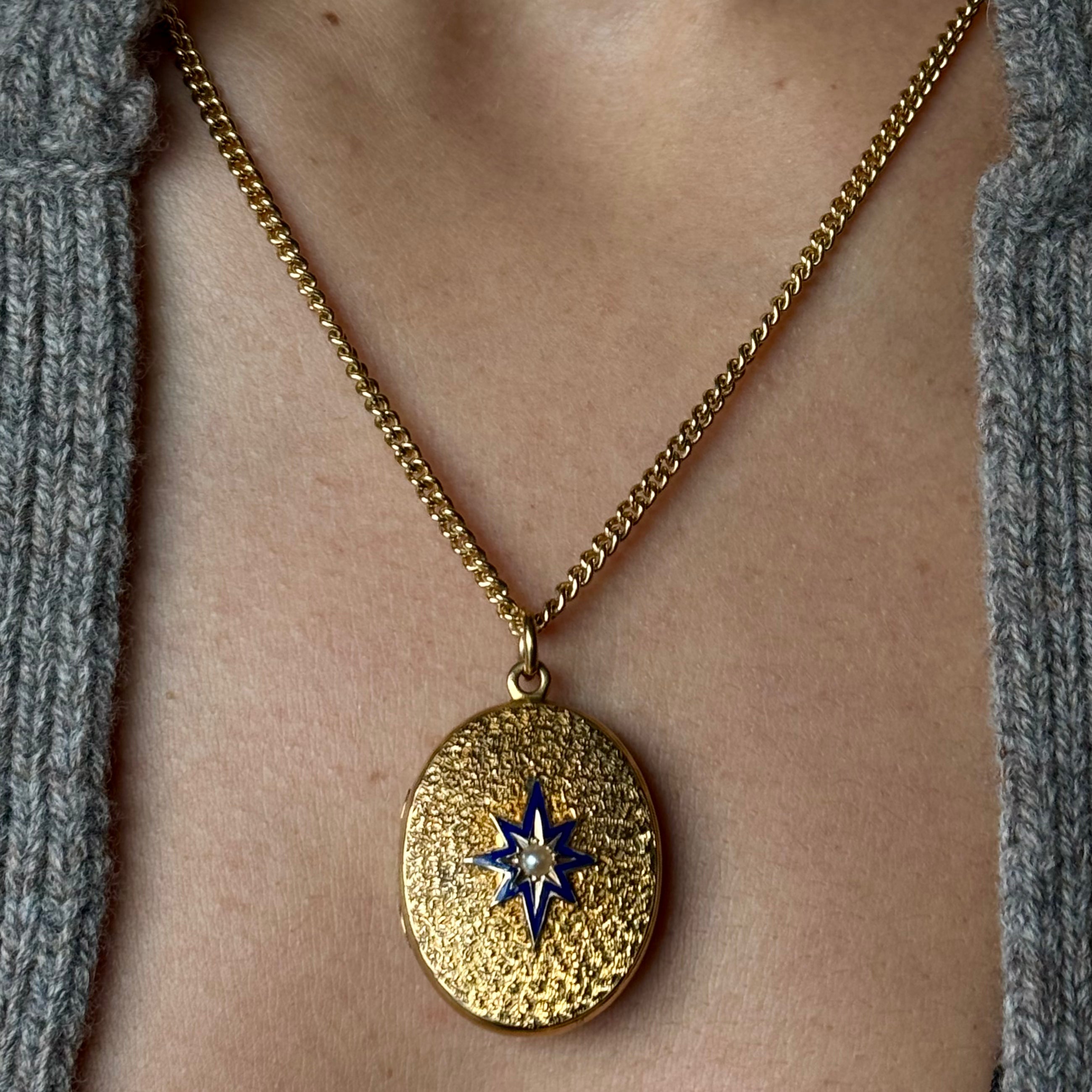 Antique Victorian 18k Engraved Enamel Natural Pearl Locket Pendant