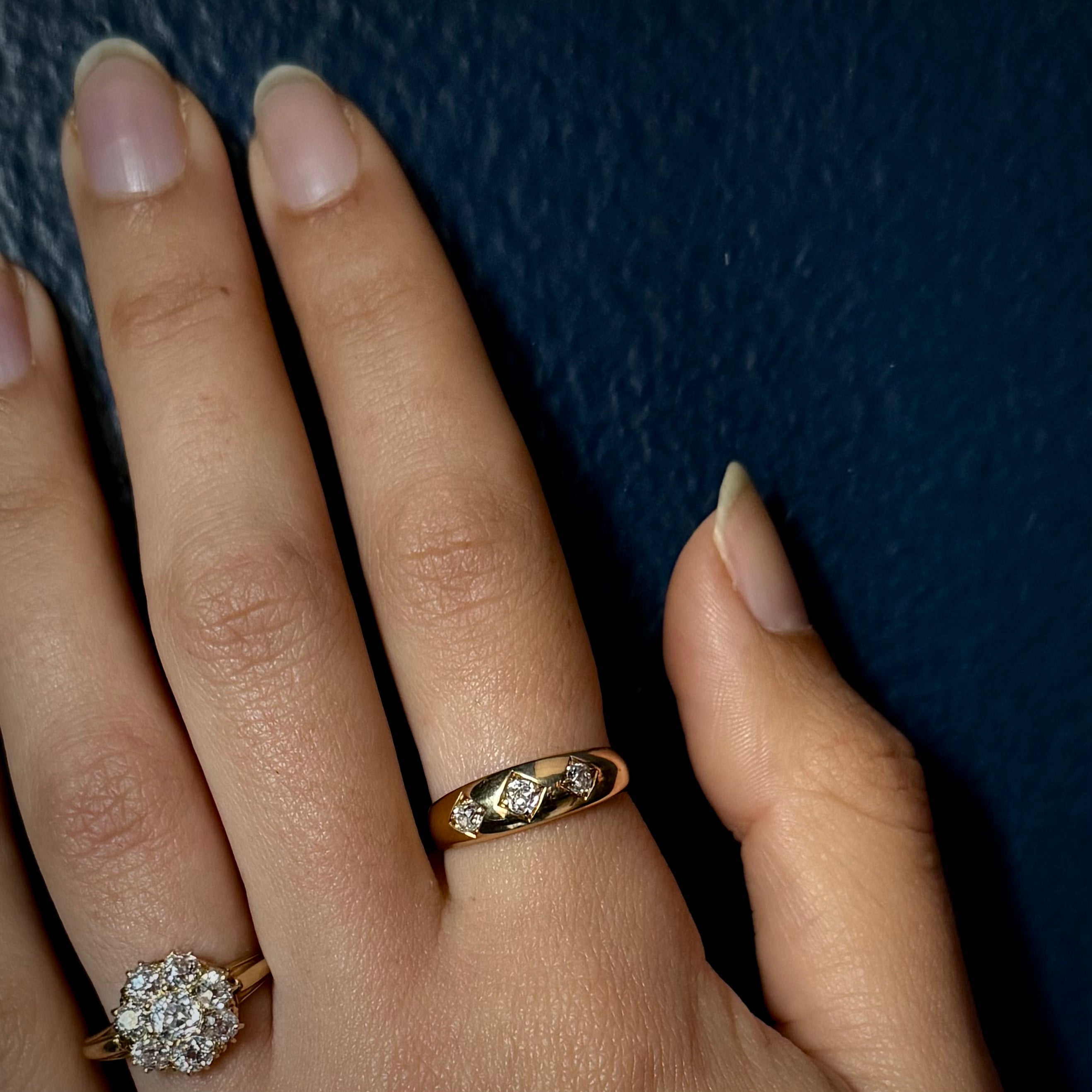 Antique Victorian 18k Diamond Shaped Three Stone Diamond Band Ring
