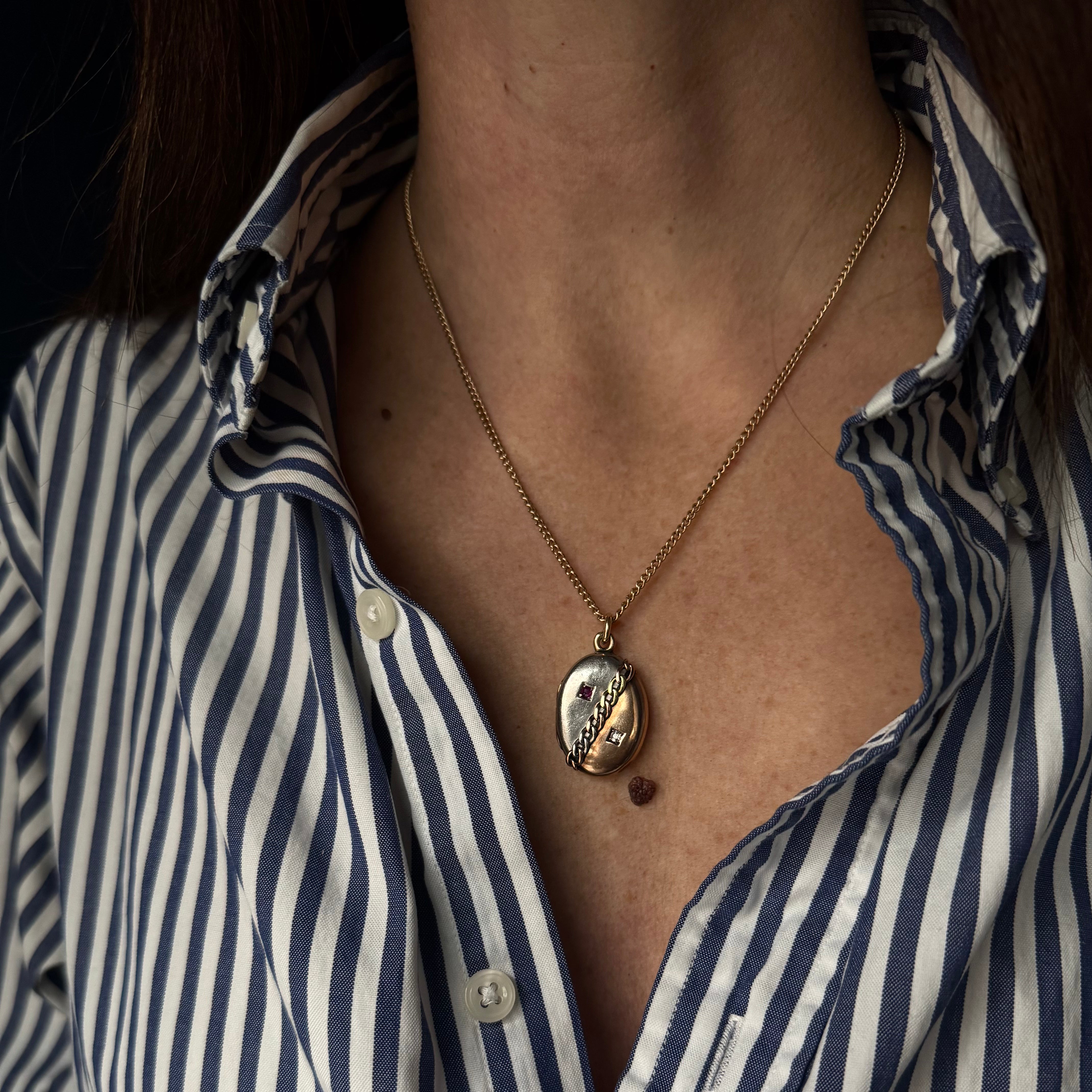 Antique Victorian Platinum / Two-Color 14k Gold Ruby & Diamond Chain Link Locket