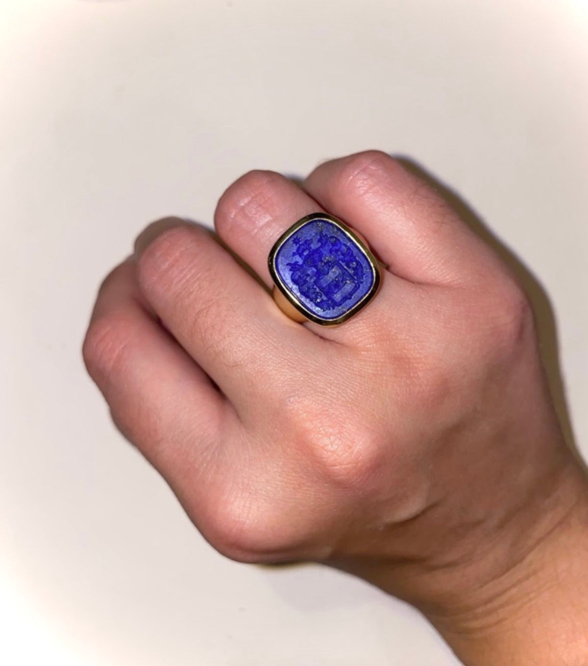 Antique Victorian 14k Lapis Intaglio With Shield Ring