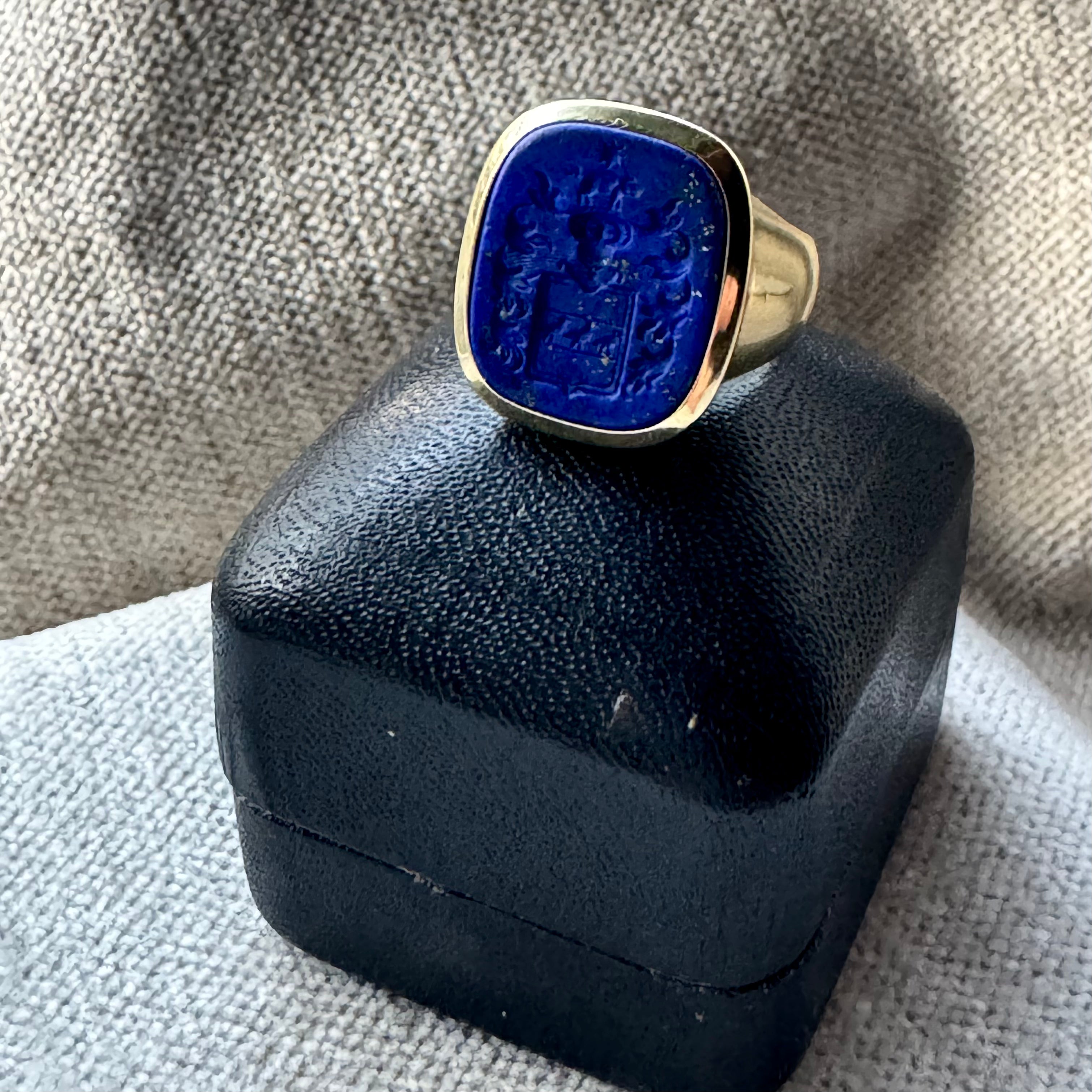 Antique Victorian 14k Lapis Intaglio With Shield Ring