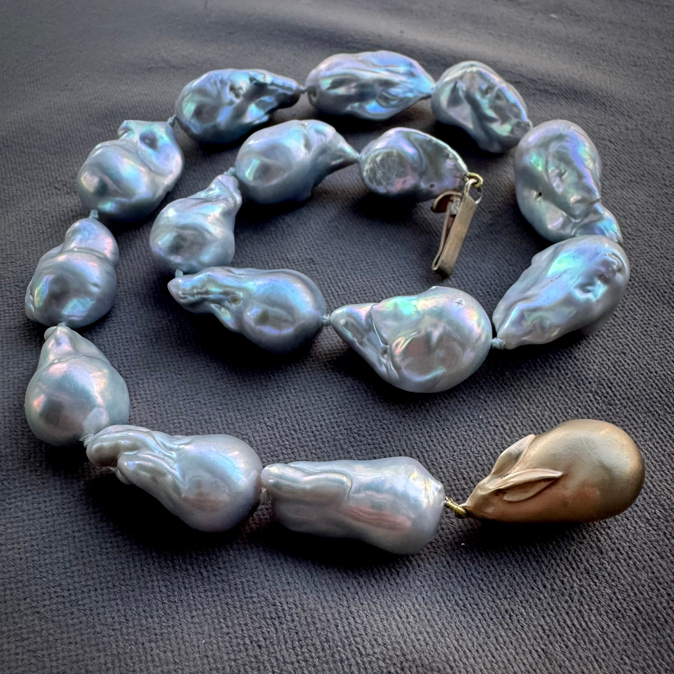 Gabriella Kiss 14k Gold and Grey Baroque Pearl Bunny Necklace - 18.5"