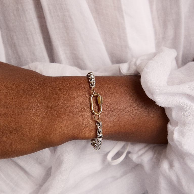 Marla Aaron Silver Rolling Curb Chain Bracelet w/Yellow Gold Loops