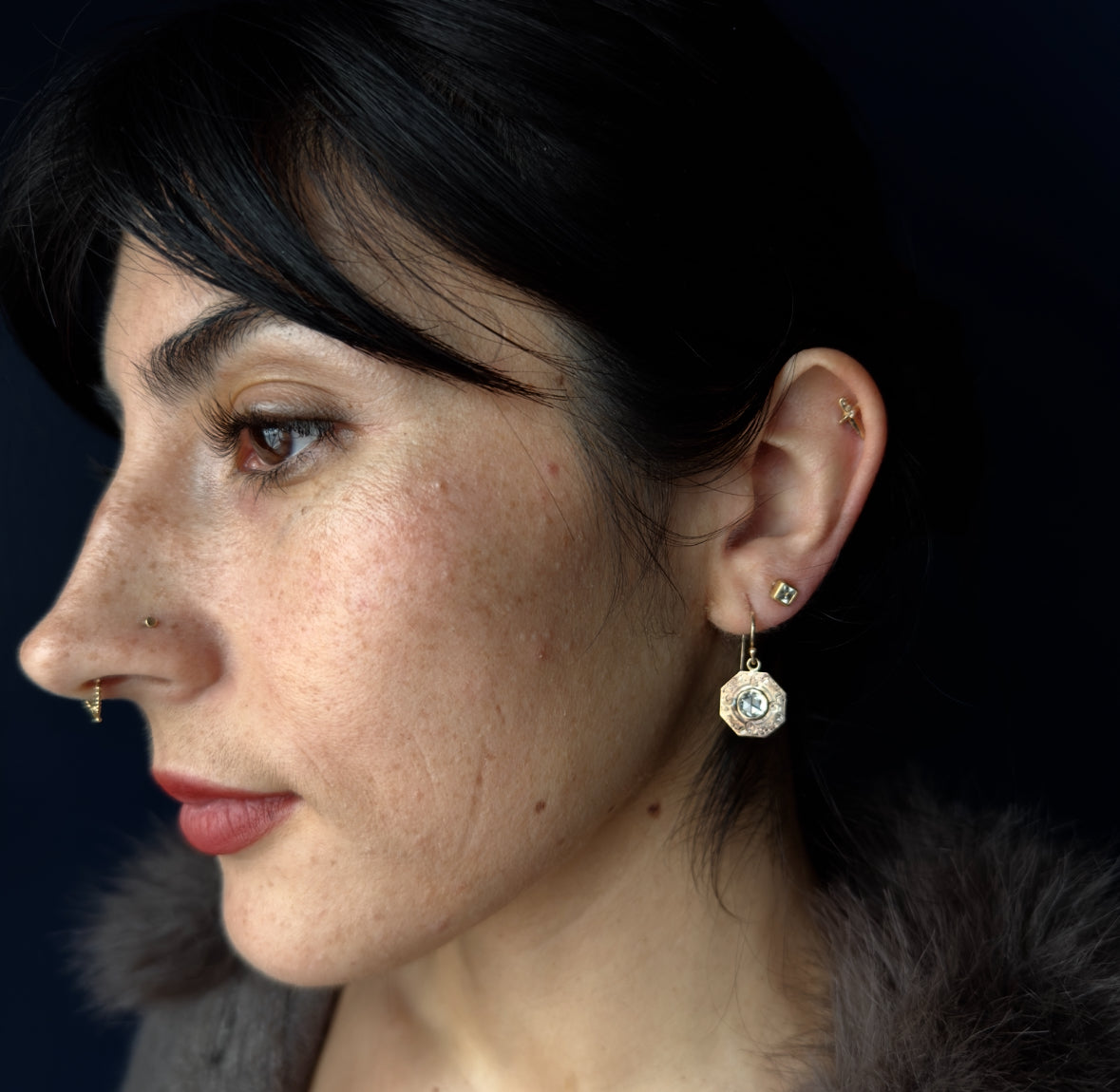 Antique Victorian 14k RG Engraved Octagons w/ Rose Cut Diamonds Earrings