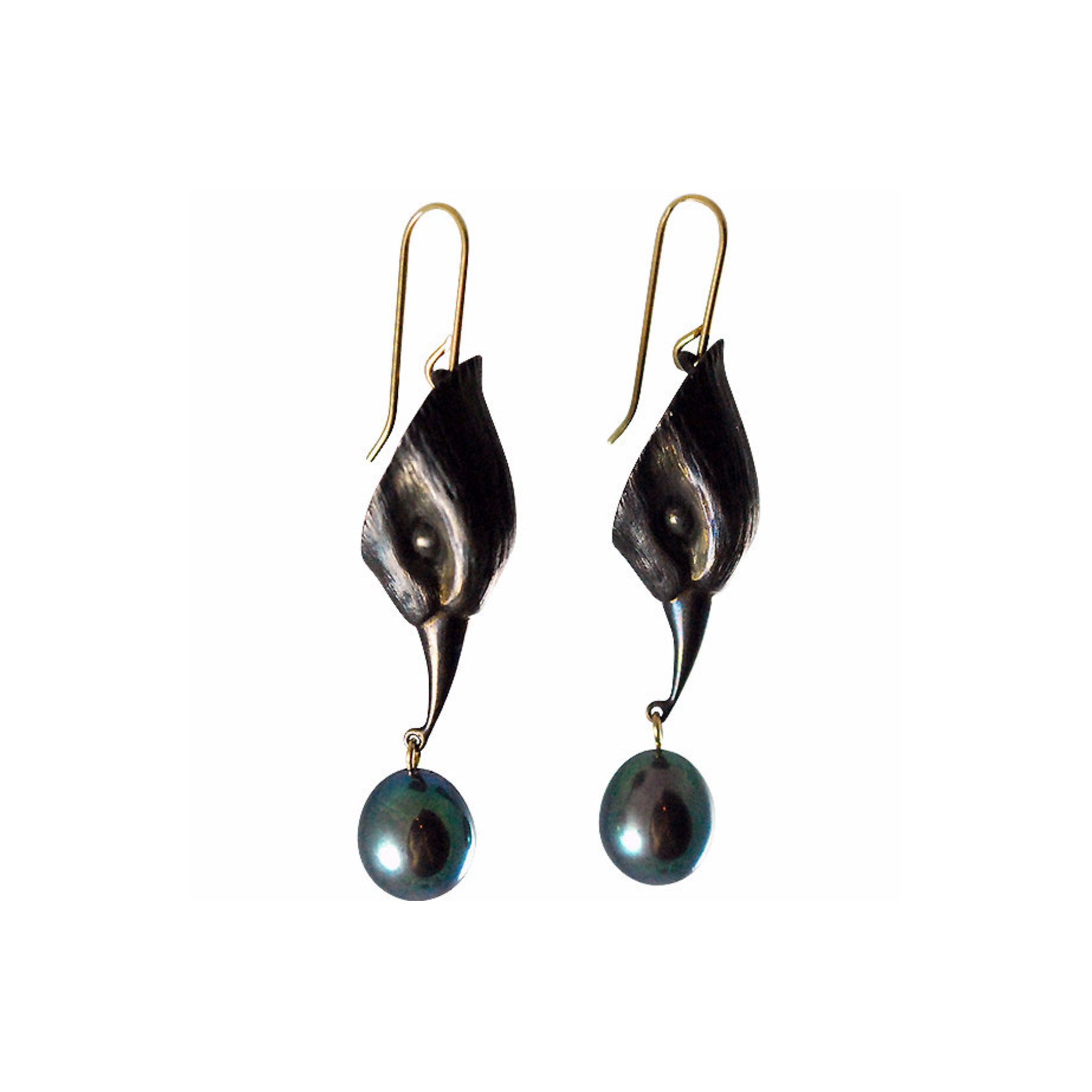Gabriella Kiss Oxidized Bronze Bird Heads with Black Pearls Earrings