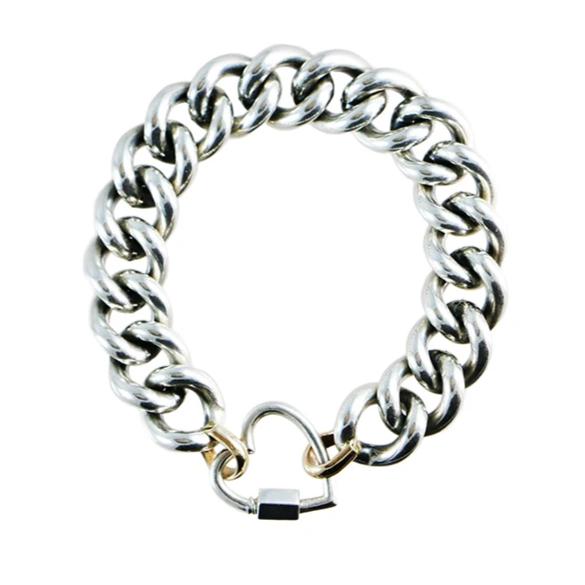 Marla Aaron Silver Mega Curb Chain Bracelet with Yellow Gold Loops