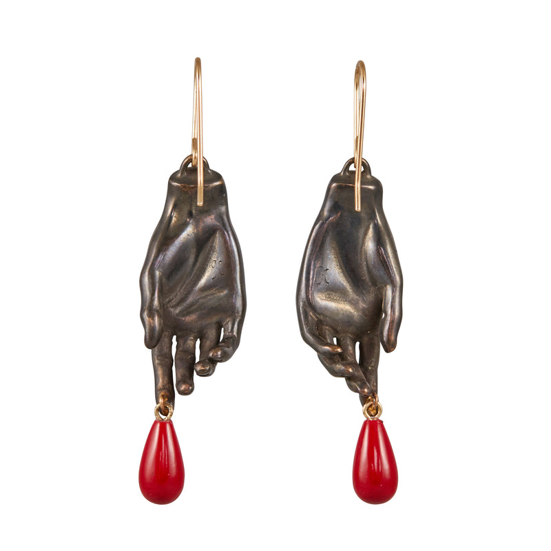 Gabriella Kiss Oxidized Bronze Hand Earrings with Red Drops