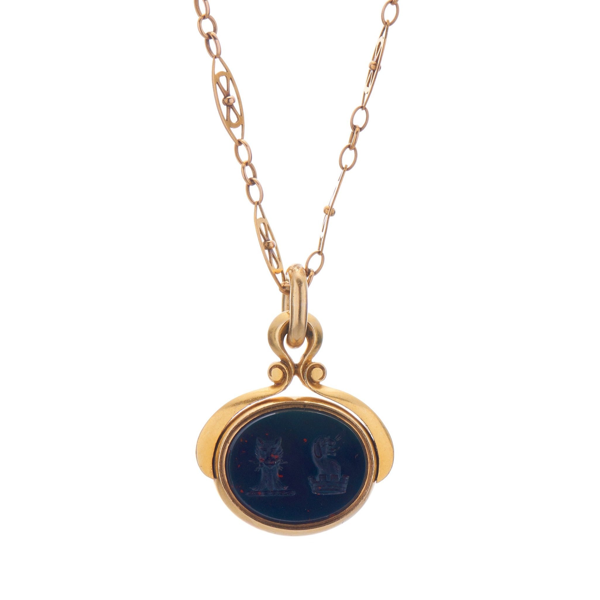 Antique Victorian 18k Blood Stone & Carnelian Cat & Dog Fob Pendant