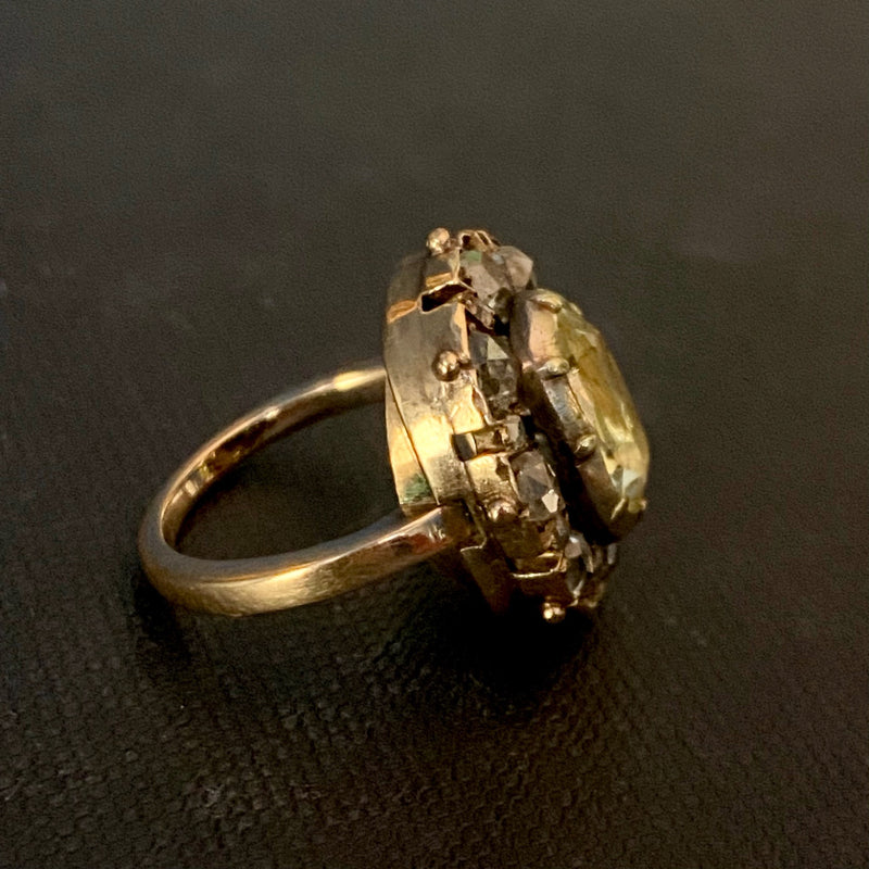 Antique Georgian 15k Silver Chrysoberyl & Rose-cut Diamond Halo Ring