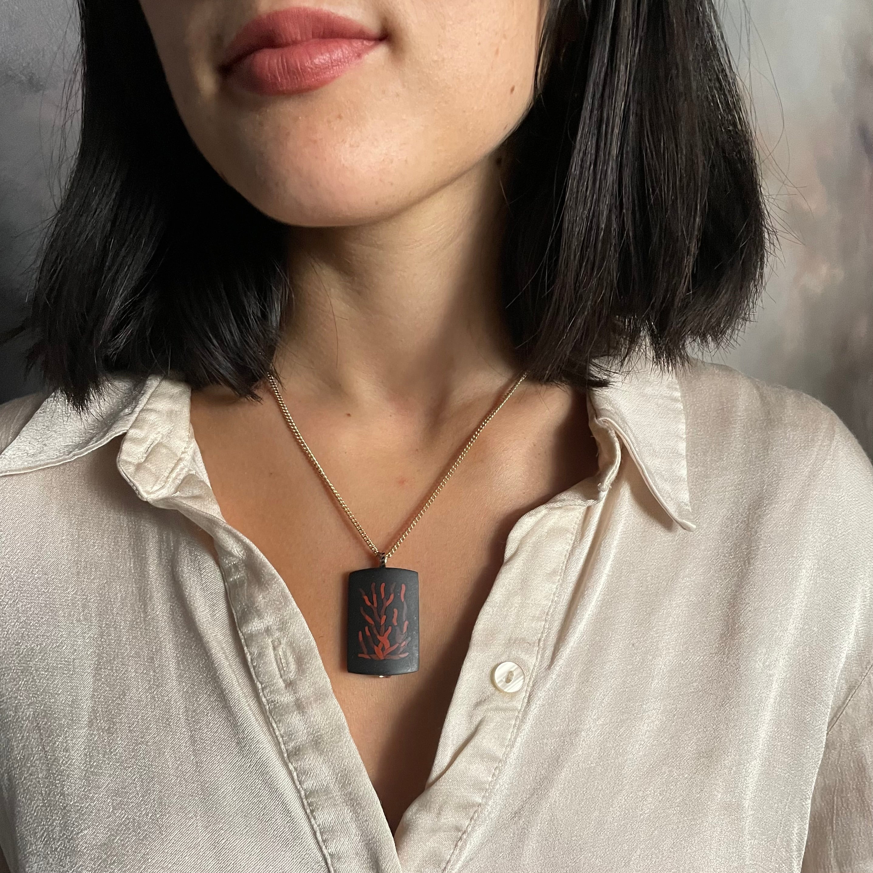 Dezso 18k Black Jade Pendant with Red Jasper Coral Inlay