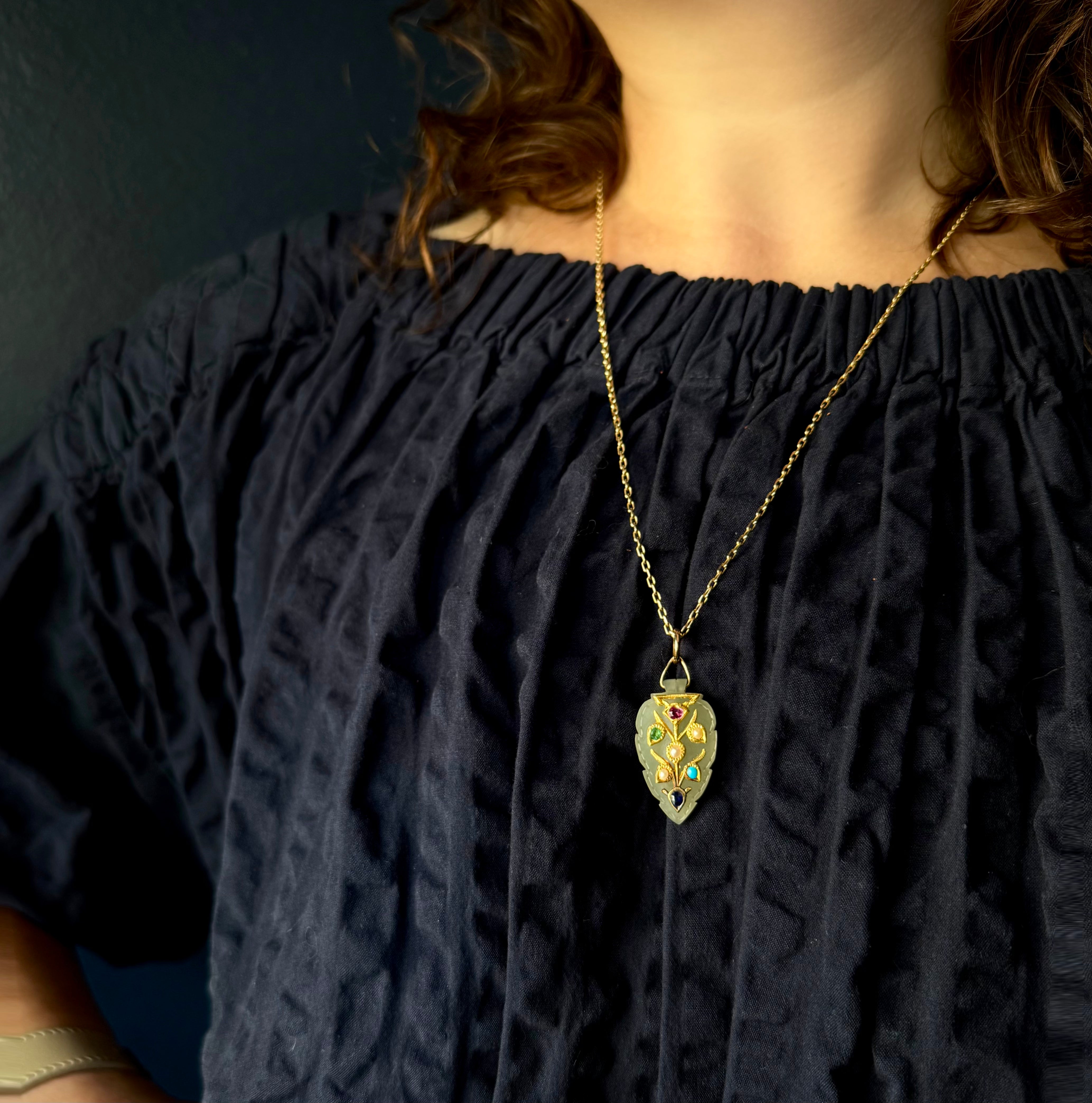 Antique Turn of the Century Indian 14k/22k Jade w/ Gemstone Inlay Pendant