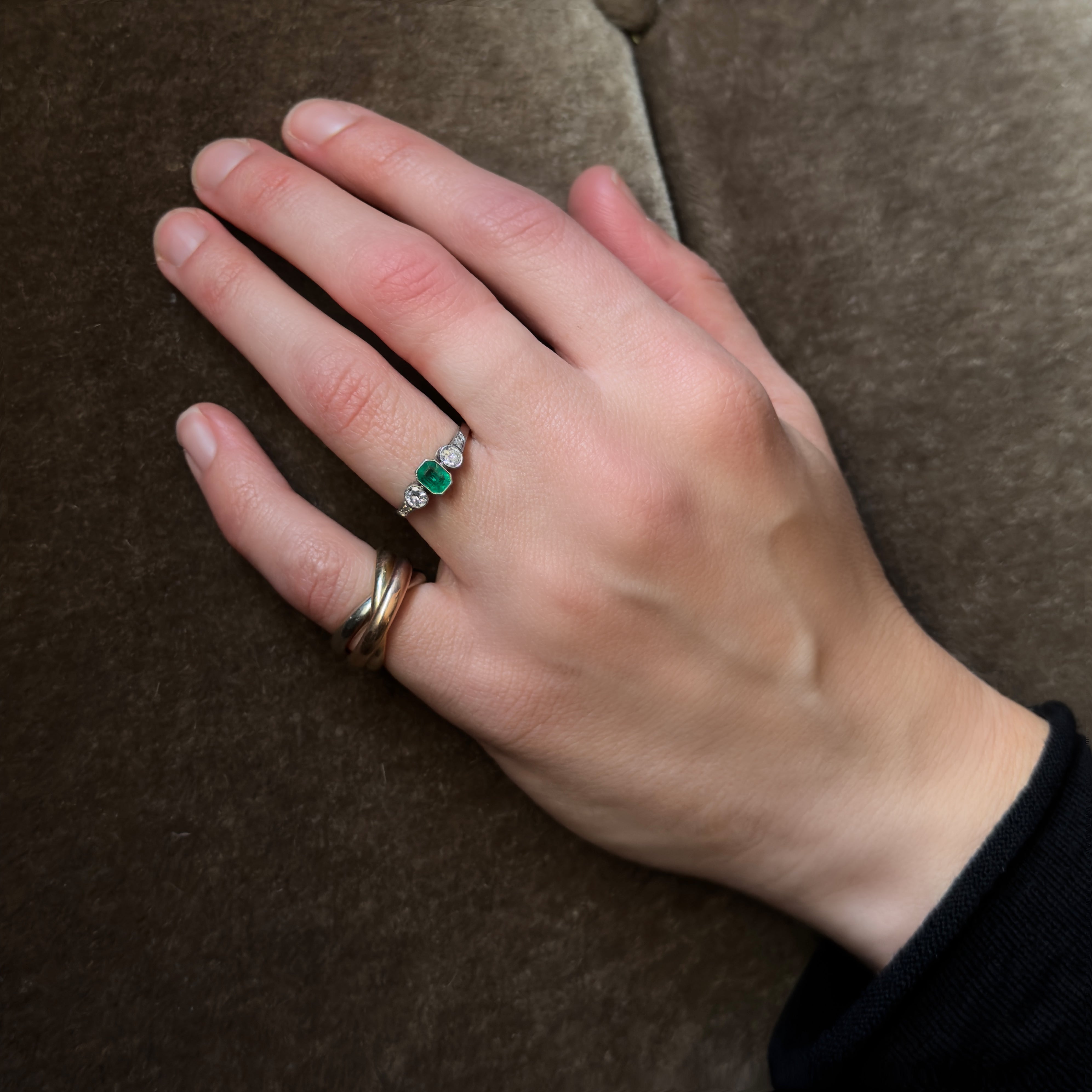Antique Edwardian Platinum, Emerald & Double Diamond Ring