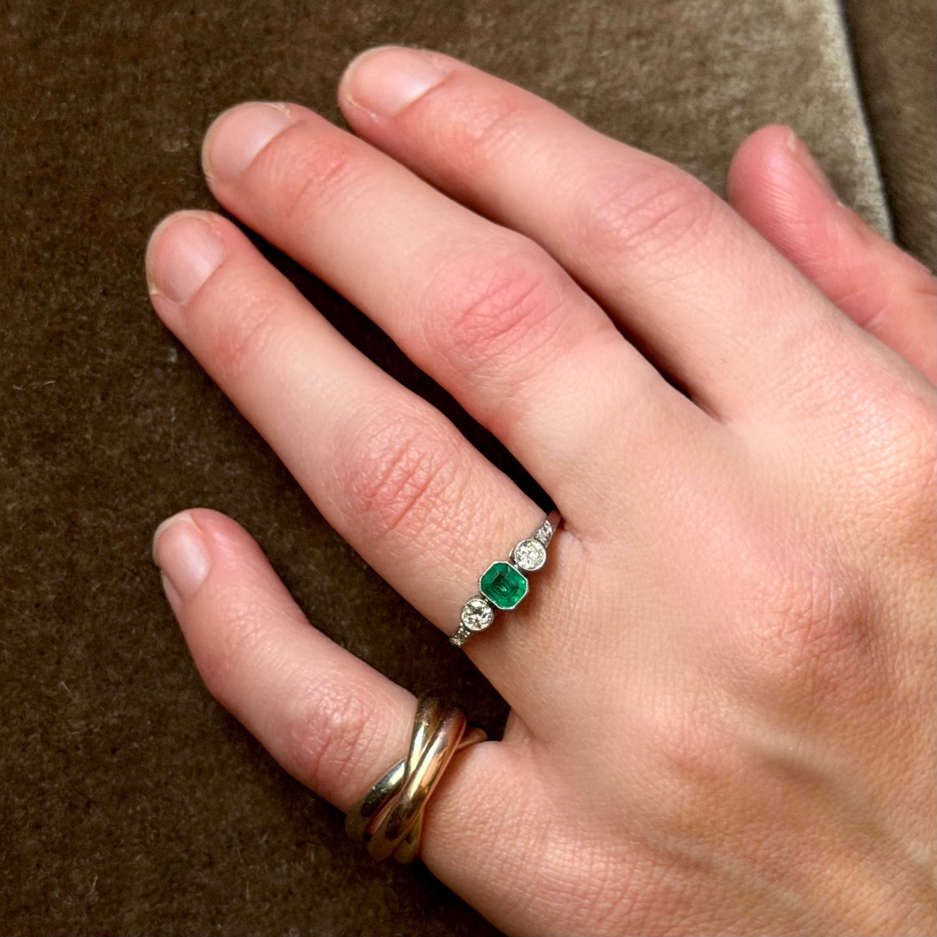 Antique Edwardian Platinum, Emerald & Double Diamond Ring