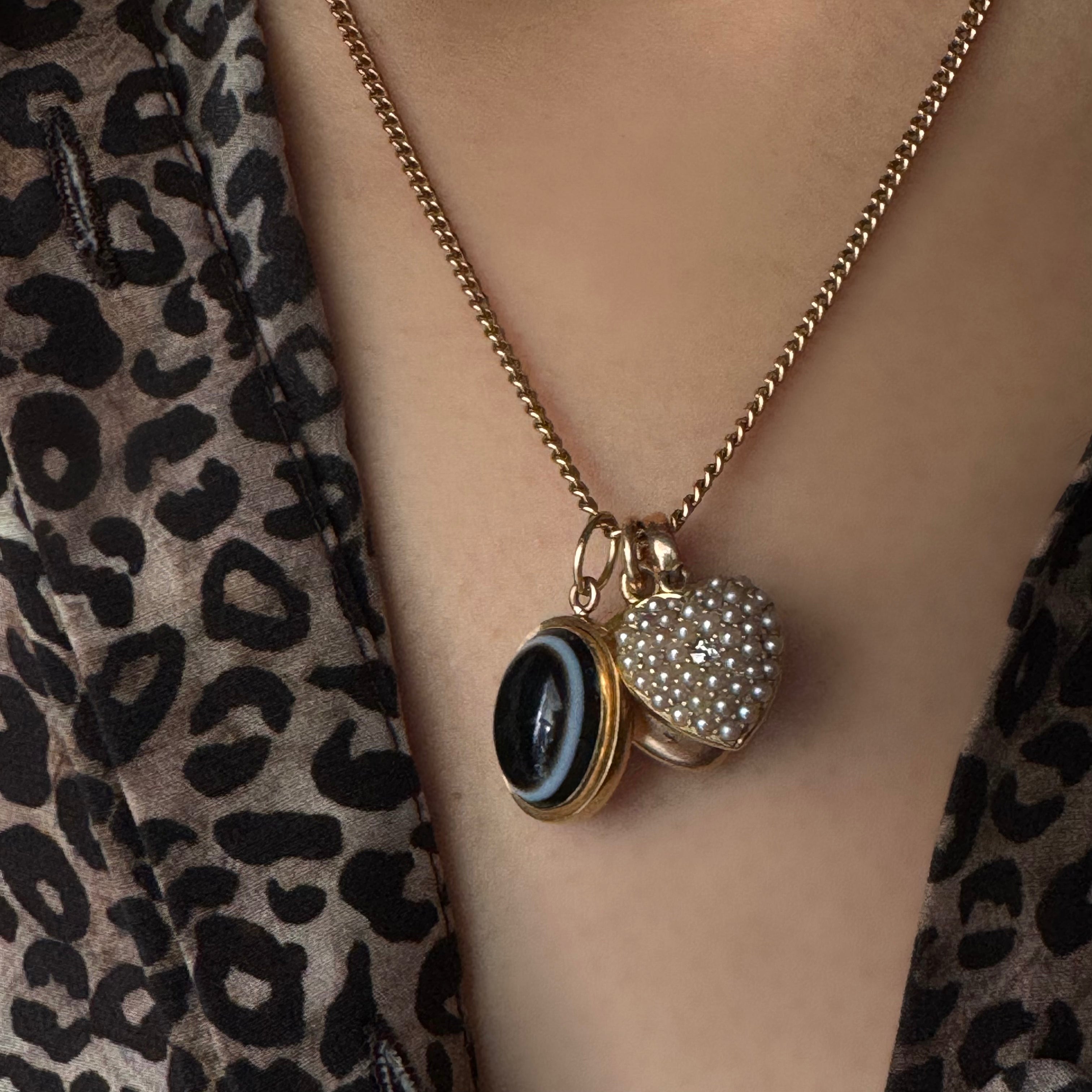 Antique Victorian 15k Natural Seed Pearl & Diamond Heart Pendant