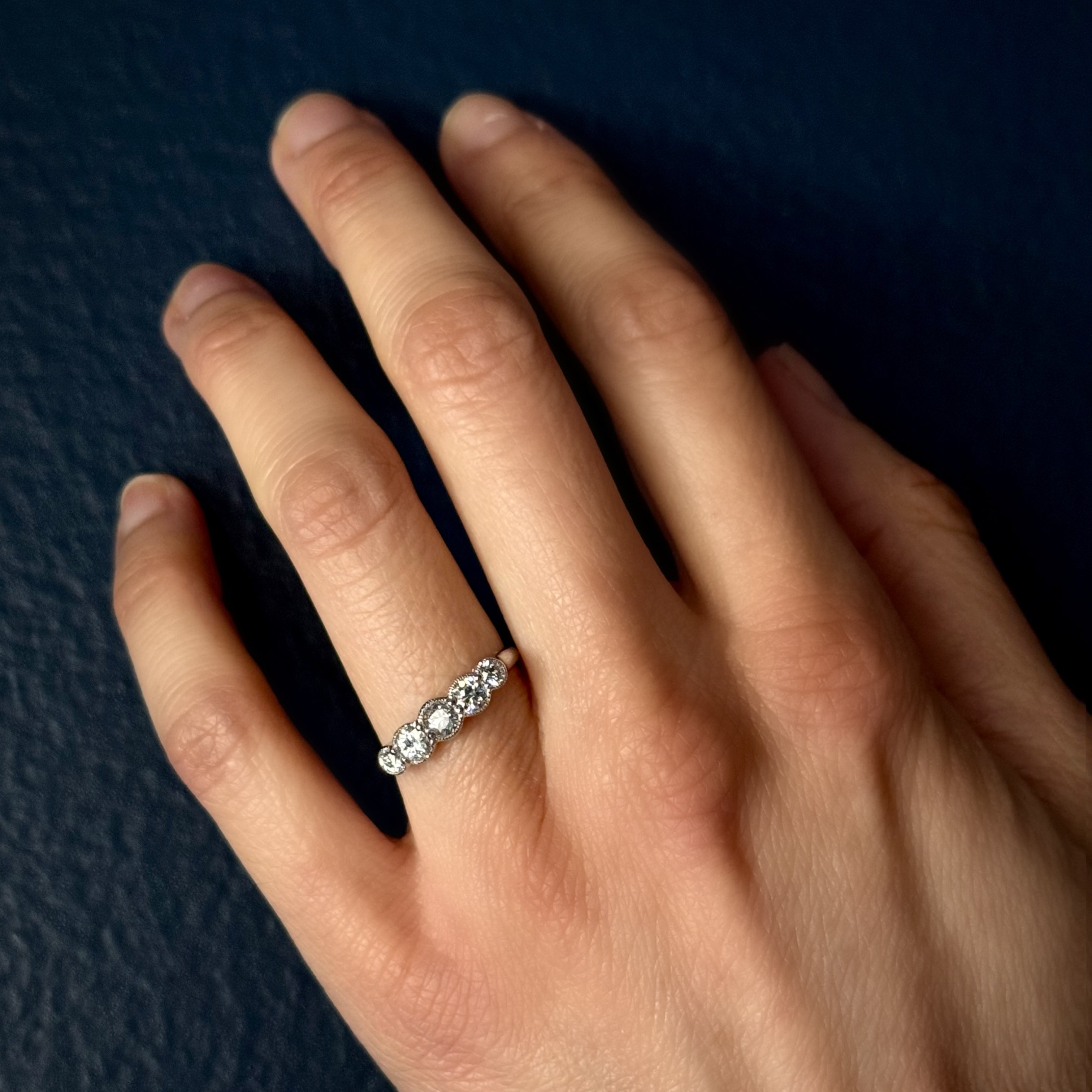Antique Edwardian Platinum Half Hoop Five Diamond Ring With Millgrain Bezels